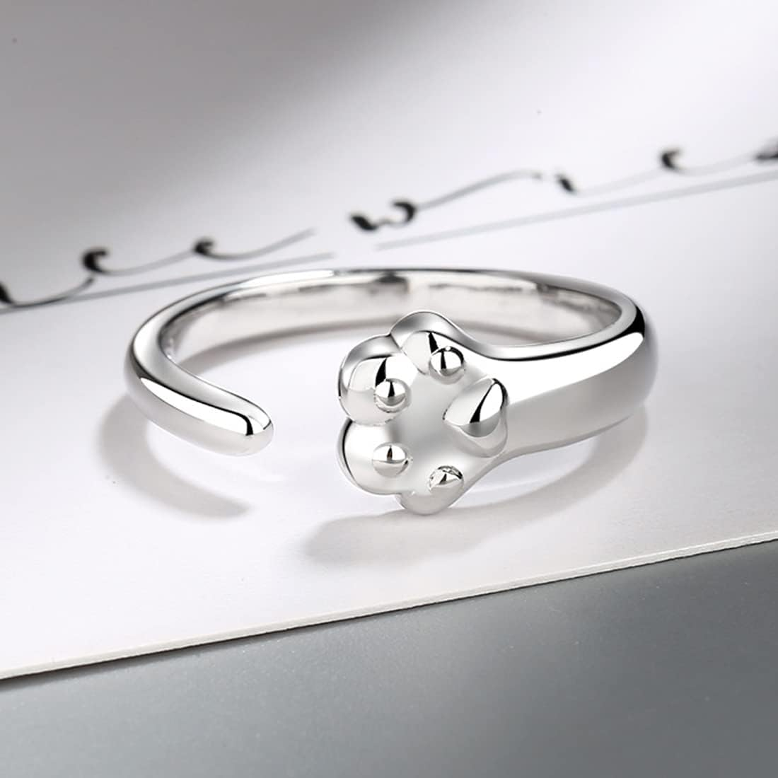 Paw Rings for Dogs Cats Silver Paw Print Animal Ring Adjustable Open Ring Pet Ring Dog Cat Footprint Ring for Women Girls image number 1