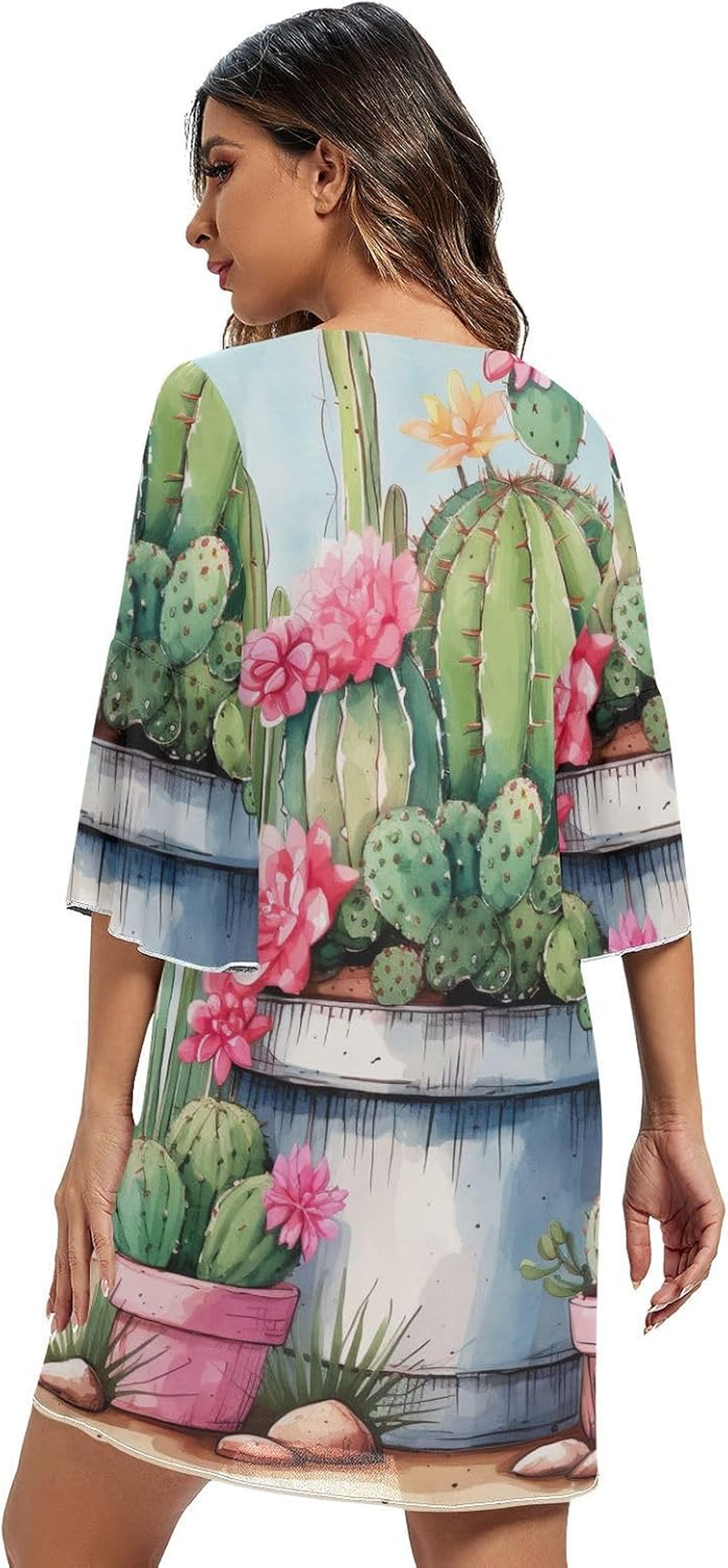 Cactus Flowers Chiffon V Neck Dress Printed Line Maternity Dress S-XXL image number 3