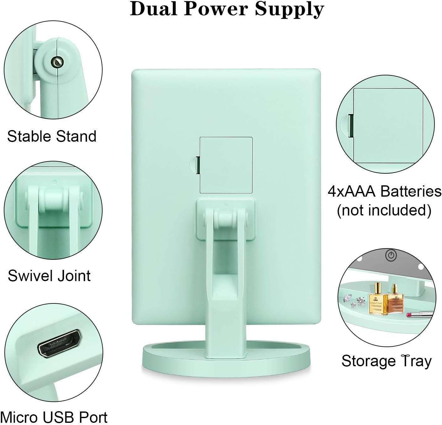 Tri-Fold Lighted Vanity Makeup Mirror with 3X/2X/1X Magnification, 21 LLED Light and Touch Screen,Dual Power Supply, Portable LED Makeup Mirror, Travel,Women Gift (Green) image number 6