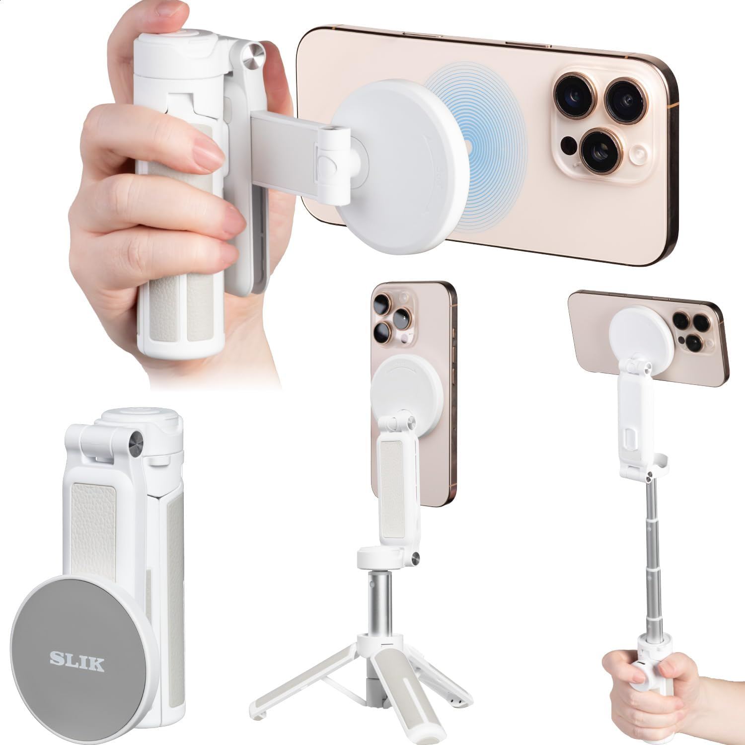 Slick 246955 Magripper Mini Tripod for Smartphones, Can Be Used as Smartphone Grip, Selfie Stick, Total Height 16.9 Inches (430 Mm), Magsafe White