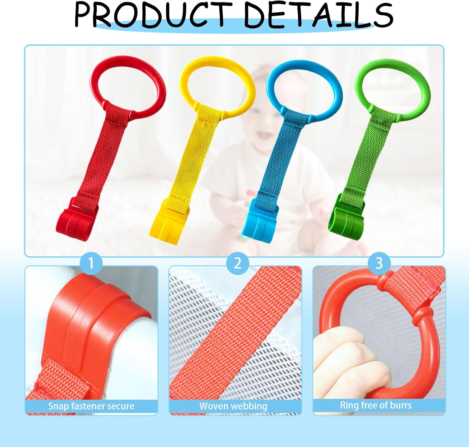 8 Pcs Baby Pull up Rings for Playpen and Crib, Toddler Stand-Up Assistant and Walking Exercise Tool, Durable Hanging Rings to Enhance Infant Development to Walk in Multiple Colour Options image number 1