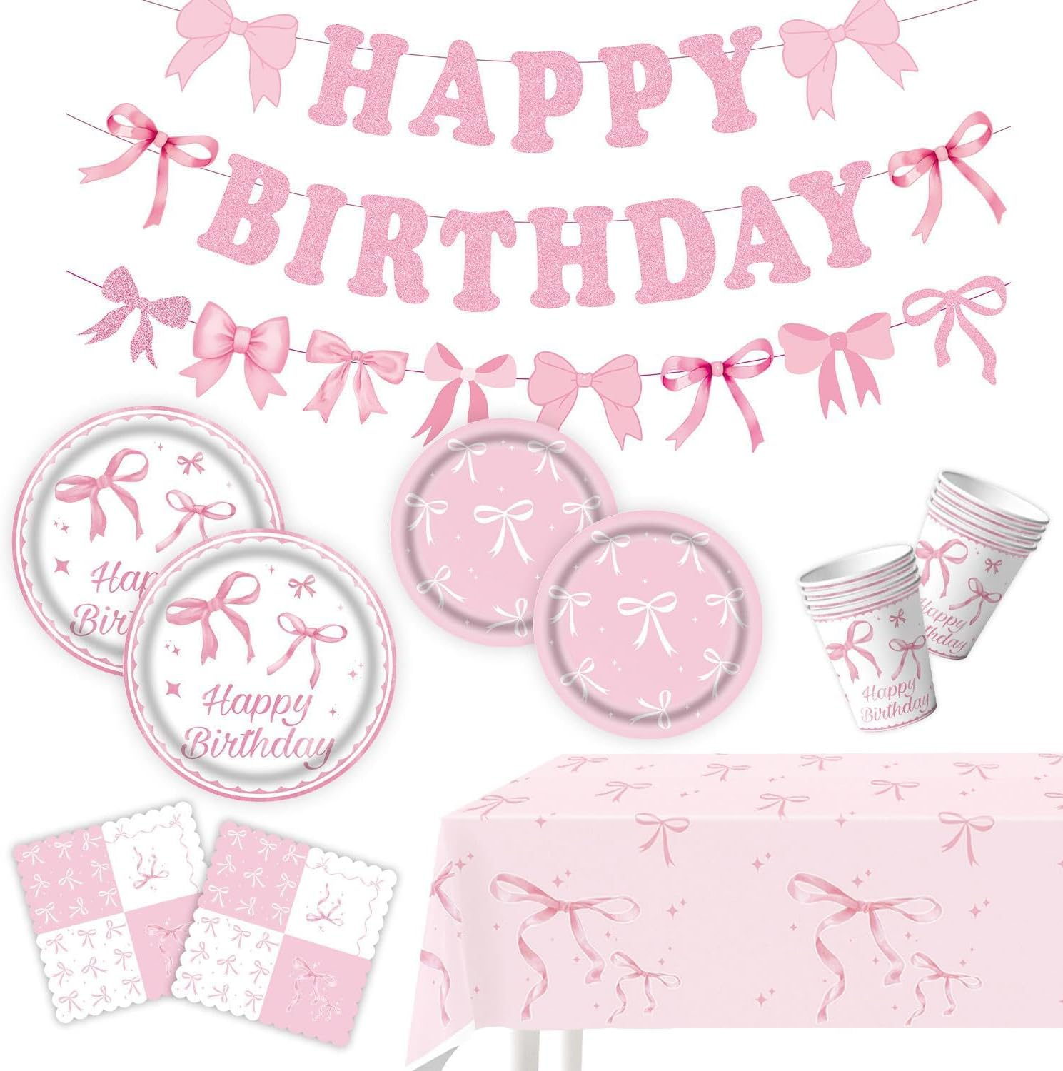 76PCS Happy Birthday Party Tableware Plates Romance Pink Bow Banner Tableware Set Valentine'S Day Party Decorations Theme Disposable Paper Plates Napkins Cups Tablecloth Party Table Decor Upgraded image number 4