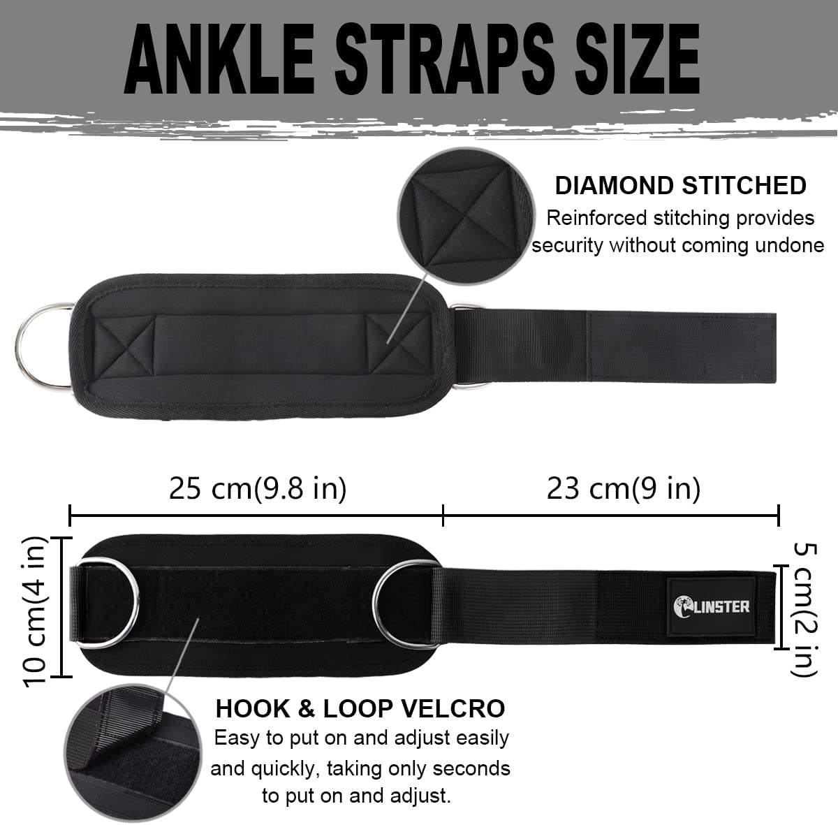 LINSTER Ankle Straps for Cable Machines (Pair) Adjustable Fit Comfort Neoprene and Double D-Rings, Ankle Strap Gym Cable Attachment for Glute Workouts, Leg Extensions and Lower Body Exercises (Black) image number 5