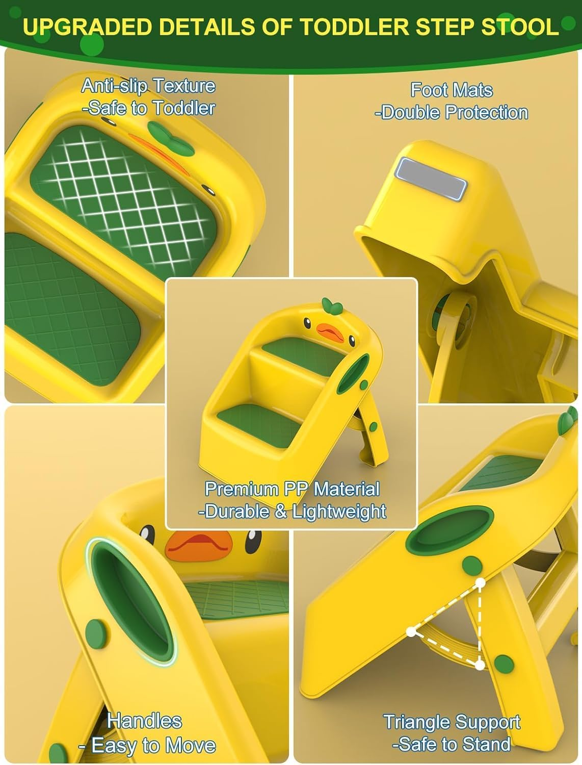 Toddler Step Stool for Kids Bathroom Sink Grey & White | Foldable 2 Step Stool for Kids 1-4 Years Old | Dual Height 11" Child Kitchen Helper with Handles - Easy to Move, Slip-Resistant (Yellow) image number 1