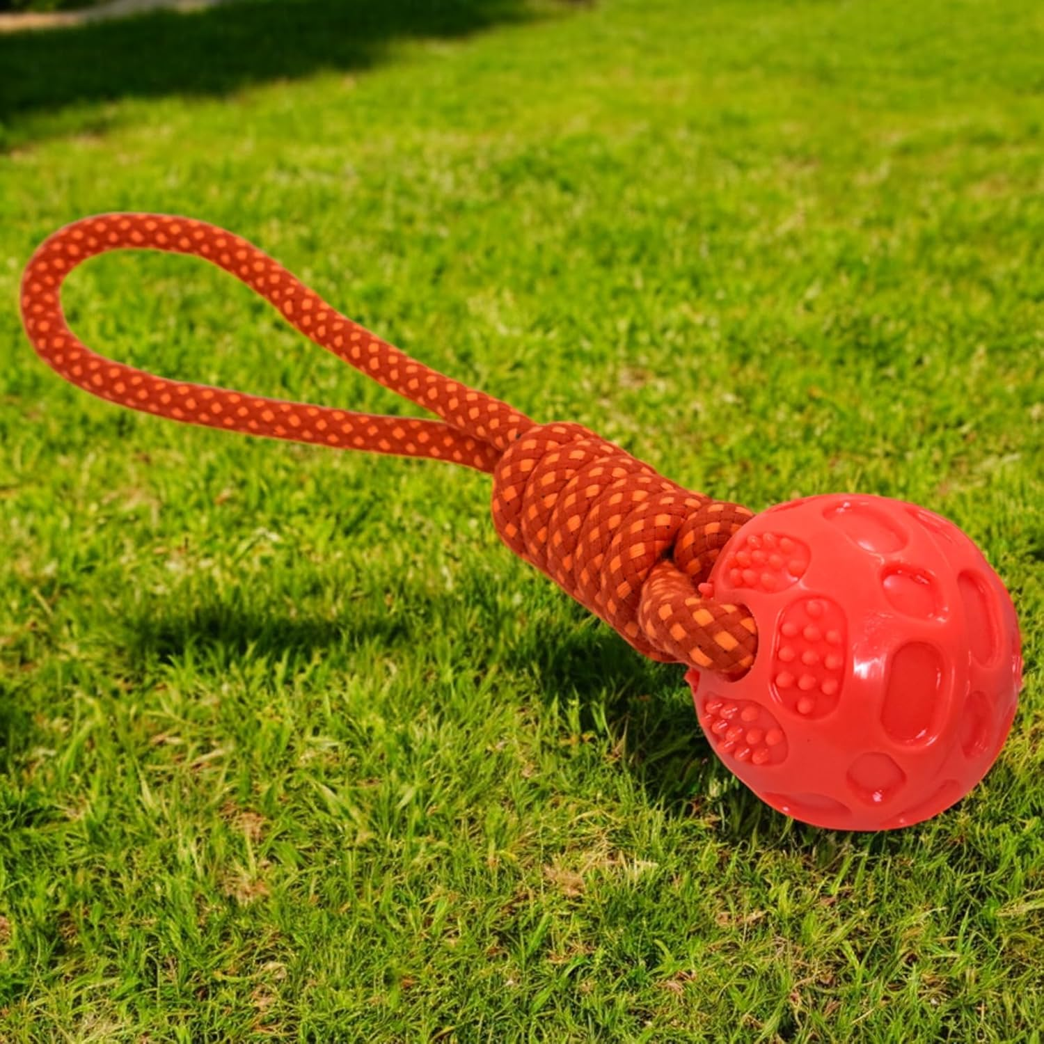 MIJOMA Dog Toy Ball on Rope - Floating Silicone Ball, Ideal for Fetch Games & Chewing, Robust Rope 100% Polyester, Interactive, Total 40 Cm, (Orange)