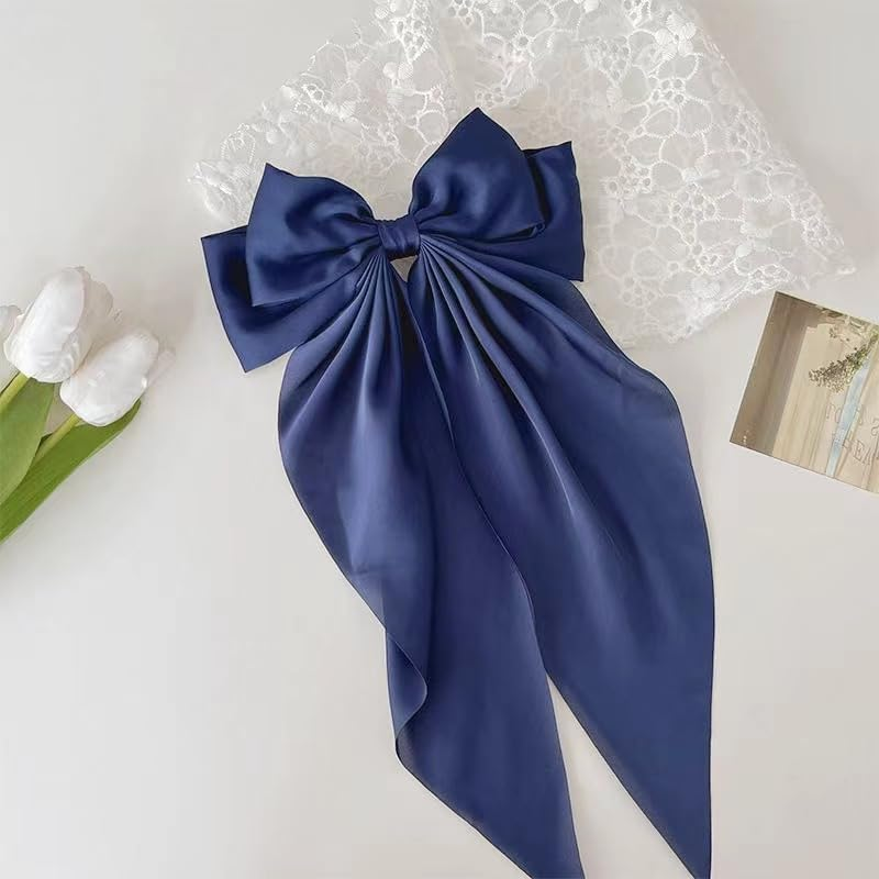 Hair Clips with Large Bow and Long Aeidy Satin, Elegant Hairpin Bow, French Hair Clip, Hair Accessories for Women, Girls for Party, Christmas, Women, Navy Blue image number 1