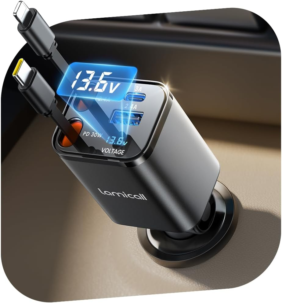 Lamicall Retractable USB C Car Charger, 69W [Upgrade-Compact] 4 in 1 Car Phone Charger Adapter with Bult in 31.5In Retractable Cable for Iphone 17 Pro Max Air/16/15/14/13/12/11, Galaxy, Pixel, Airpods