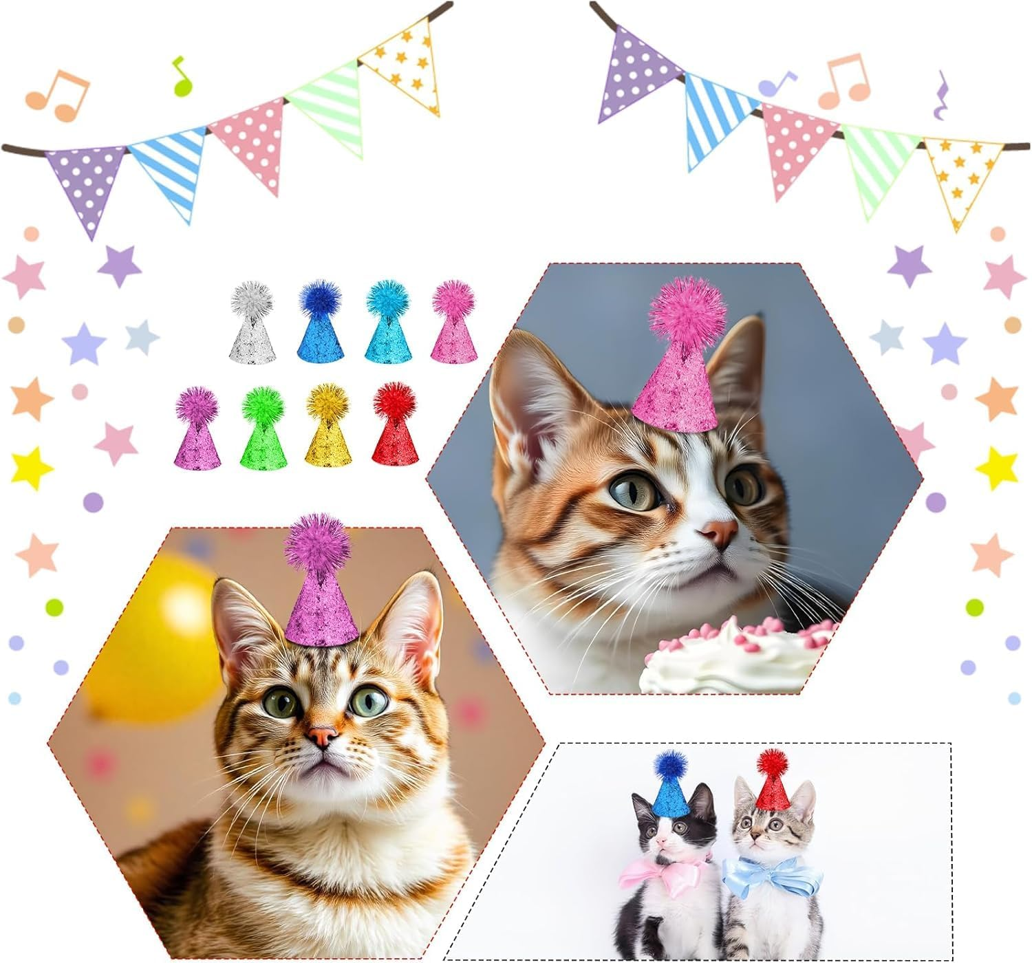 10 Pcs Pet Birthday Hat - Adjustable Mini Party Hats for Dogs, Cats, Rabbits & Small Animals, Multi-Color Cute Birthday Hats for Kittens & Stuffed Animals Friends Celebration image number 3