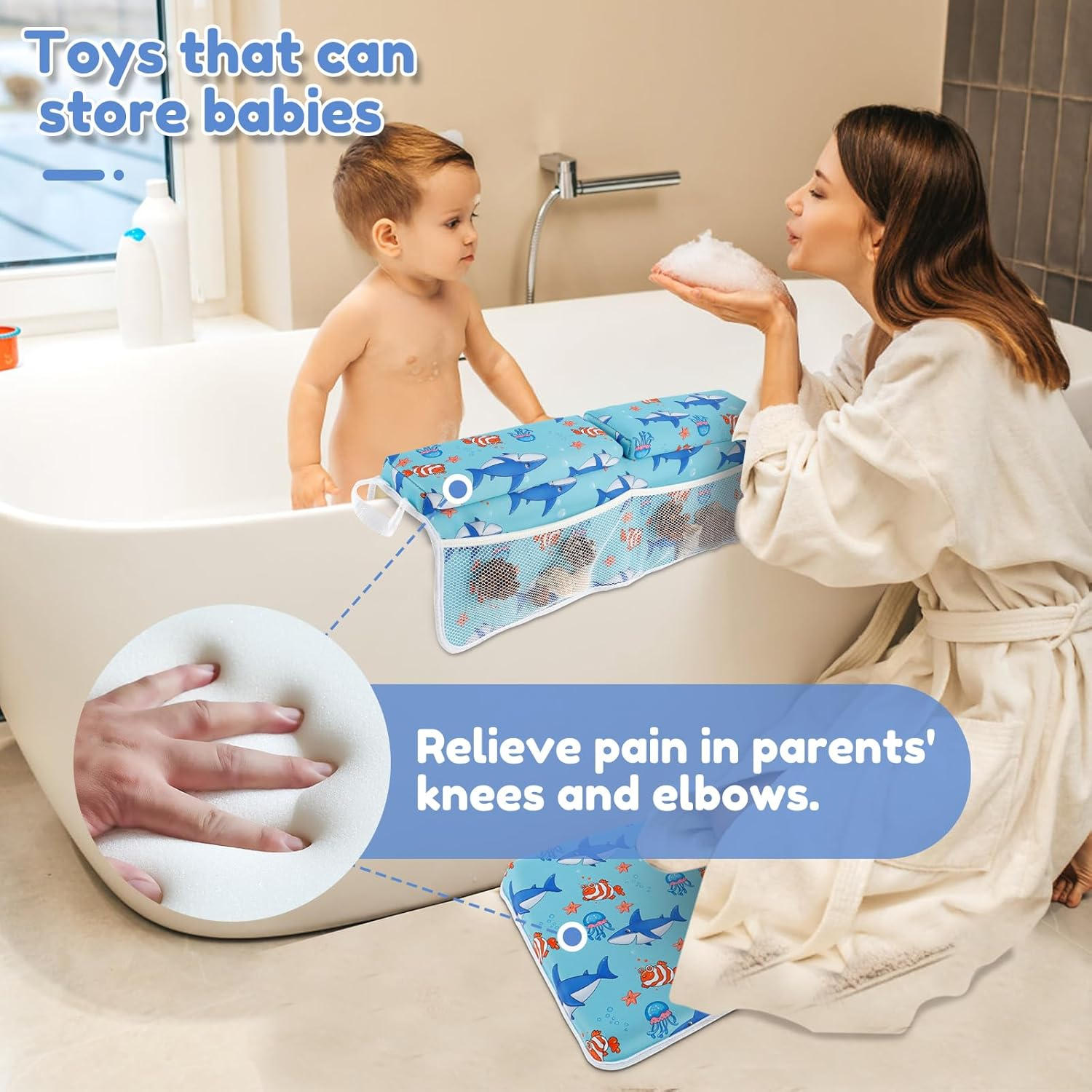 2Pcs Bath Kneeler and Elbow Rest Pad Set with 4 Organizer Pockets, Bathtub Kneeler Pad, Comfortable Non-Slip Kneeling Mat Cushion for Toddler Bathroom image number 1