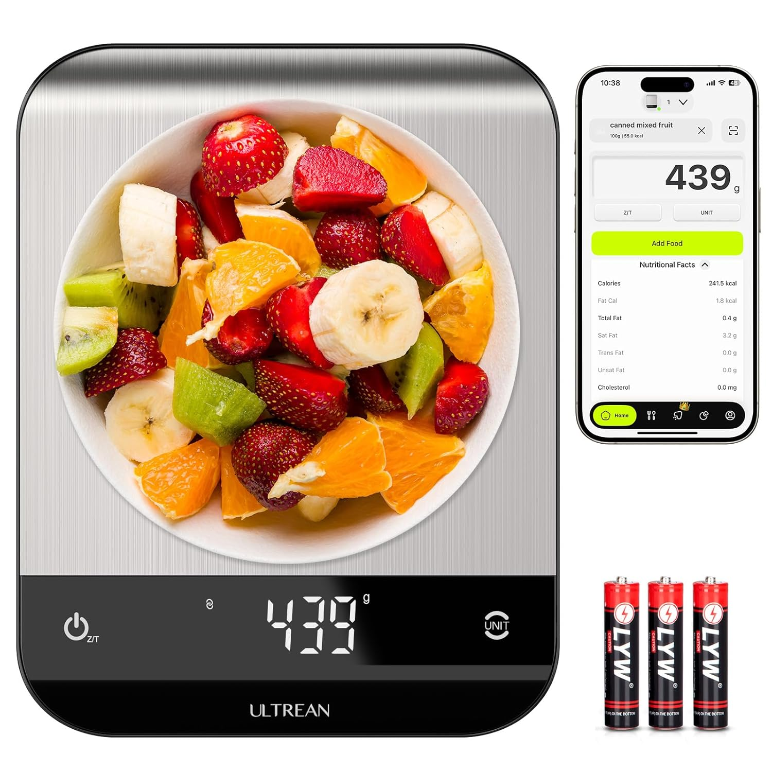 Ultrean Food Scale with Nutritional Calculator,Digital Grams and Ounces for Baking Cooking,Smart Food Weight Scale with App for Tracking 20 Nutrients, Calorie, Fat, Carbs, Stainless Steel, 33Lb