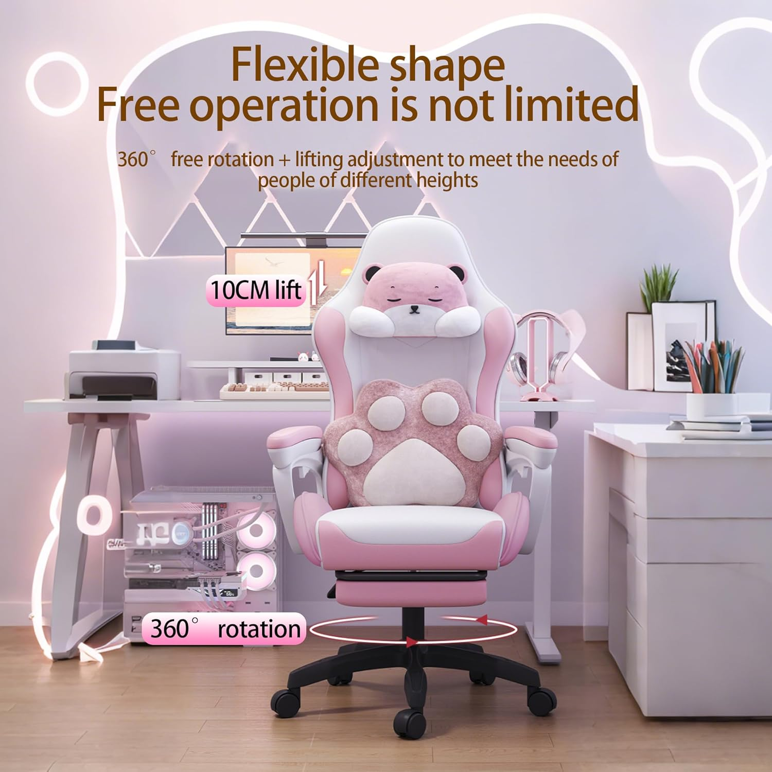 Blissfuldestiny Kawaii Gaming Chair with Retractable Footrest, Pink and White Bear Design, 120 X 70 X 52 Cm (Faux Leather, Black) image number 6