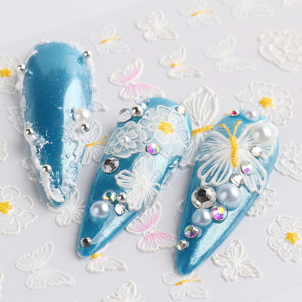 5D Stereoscopic Embossed Nail Art Stickers White Flower Nail Decals Relief Self-Adhesive Butterfly Nail Stickers Nail Art Supplies Nail Designs for Women DIY Acrylic Nail Decorations (3 Sheets) image number 5