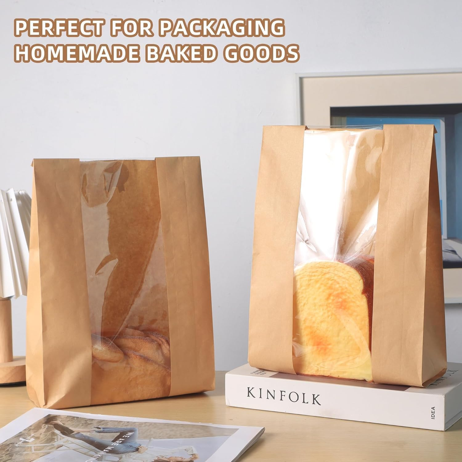 MKUCCD 50PCS Paper Bread Bags with Handmade Stickers, Large Kraft Homemade Bread Sourdough Bags with Clear Window Baked Food Packaging Storage (31X21X9 Inch) image number 1