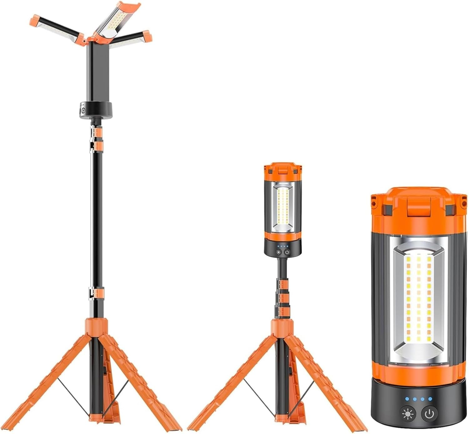 Rechargeable 10000Mah Camping Light, Portable Camping Light with Stand, Cordless Work Light with 3 LED Lamp Heads, Dimmable Magnetic Emergency Flashlight with Detachable Tripod, Orange