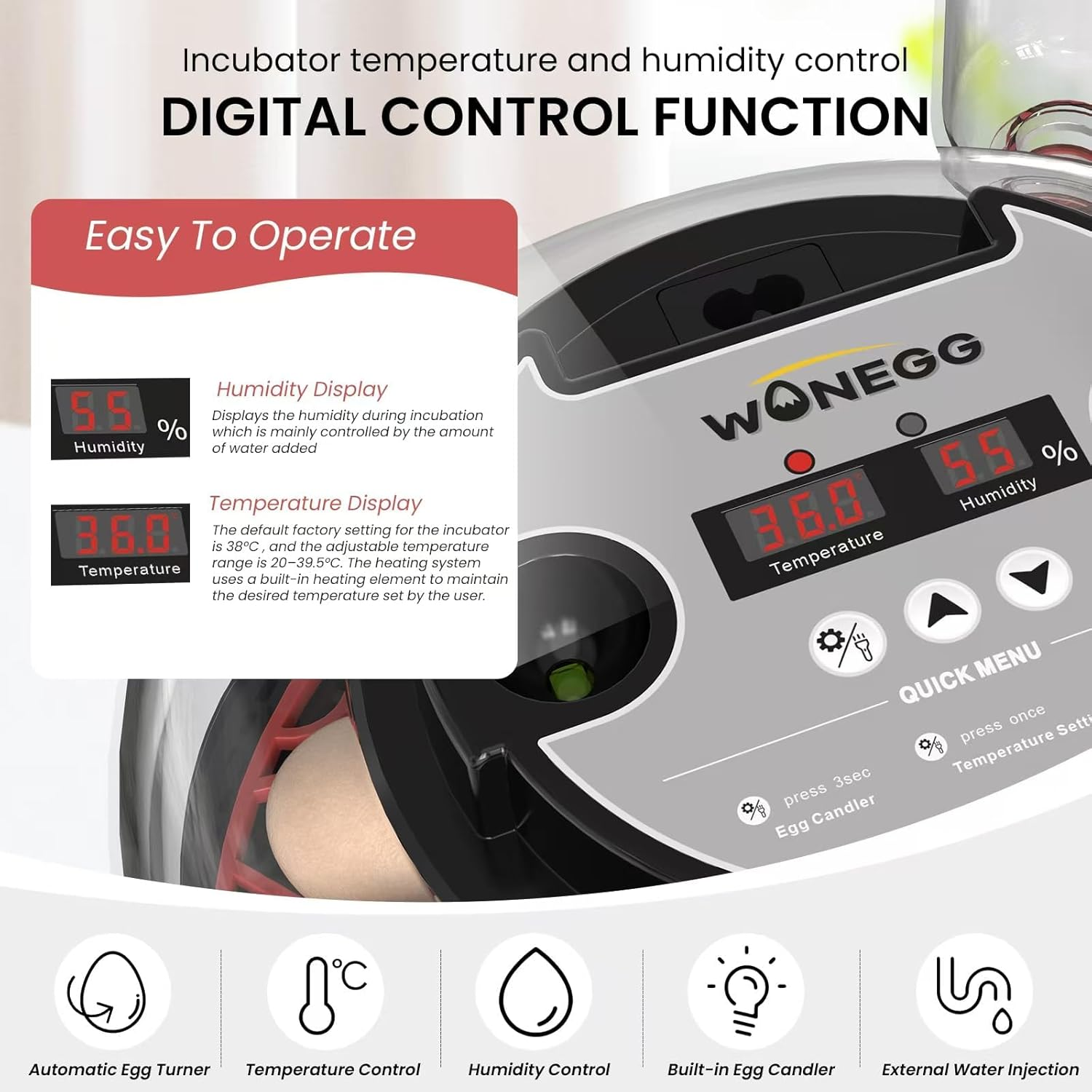 12 Egg Incubator for Hatching Chicken/Quail/Duck Eggs, Auto Turning, Digital Humidity/Temp Control, LED Candler, Auto Water Refill, 360&deg; View (Smart Sensor) image number 4