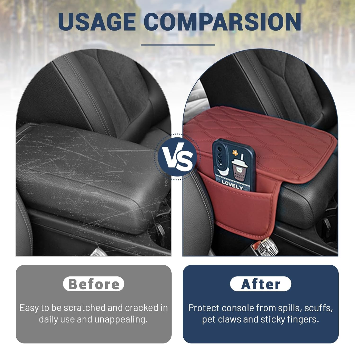 Huakaile Red Car Console Cover, Leather Car Center Console Cushion Pad with Sided Pockets, Protective Car Armrest Cushion for Most Kinds of Vehicles Interior Accessories
