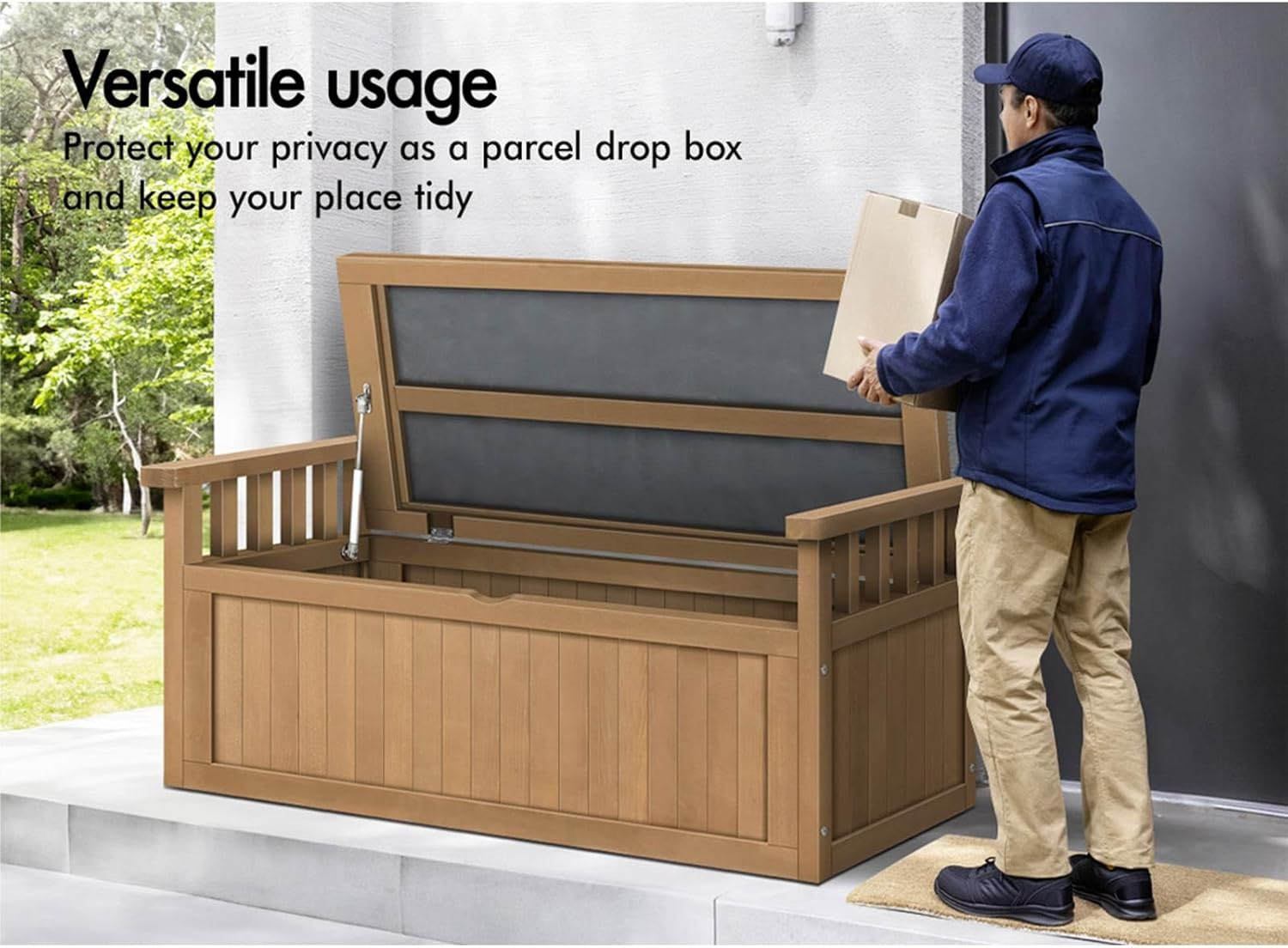 ALFORDSON Outdoor Wooden Bench Storage Box 200L Capacity, Durable Fir Wood Cabinet Garden Seatwith Tool Chest Toy Storages Container for Patio Garden Lawn Balcony, 320Kg Weight Capacity Natural Color image number 2