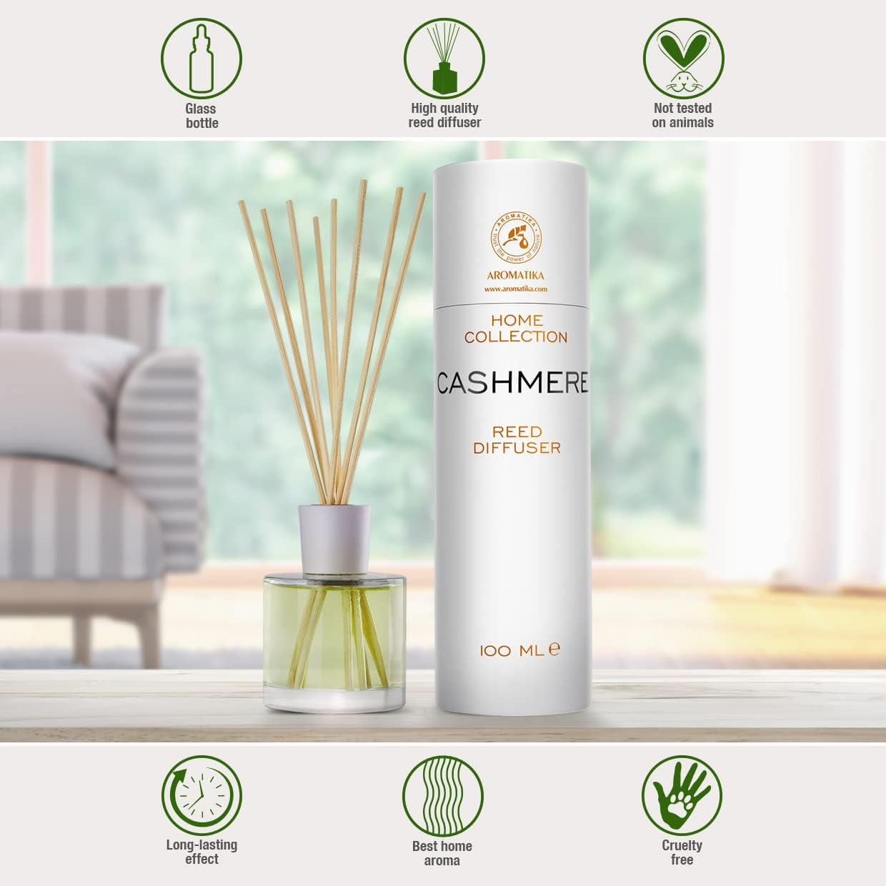 Reed Diffuser Cashmere 3.4 Fl Oz - Room Diffuser - Scented Diffusers with Bamboo Sticks - Home Fragrance - Air Freshener - Warm Scent - Fragrance for Living Room