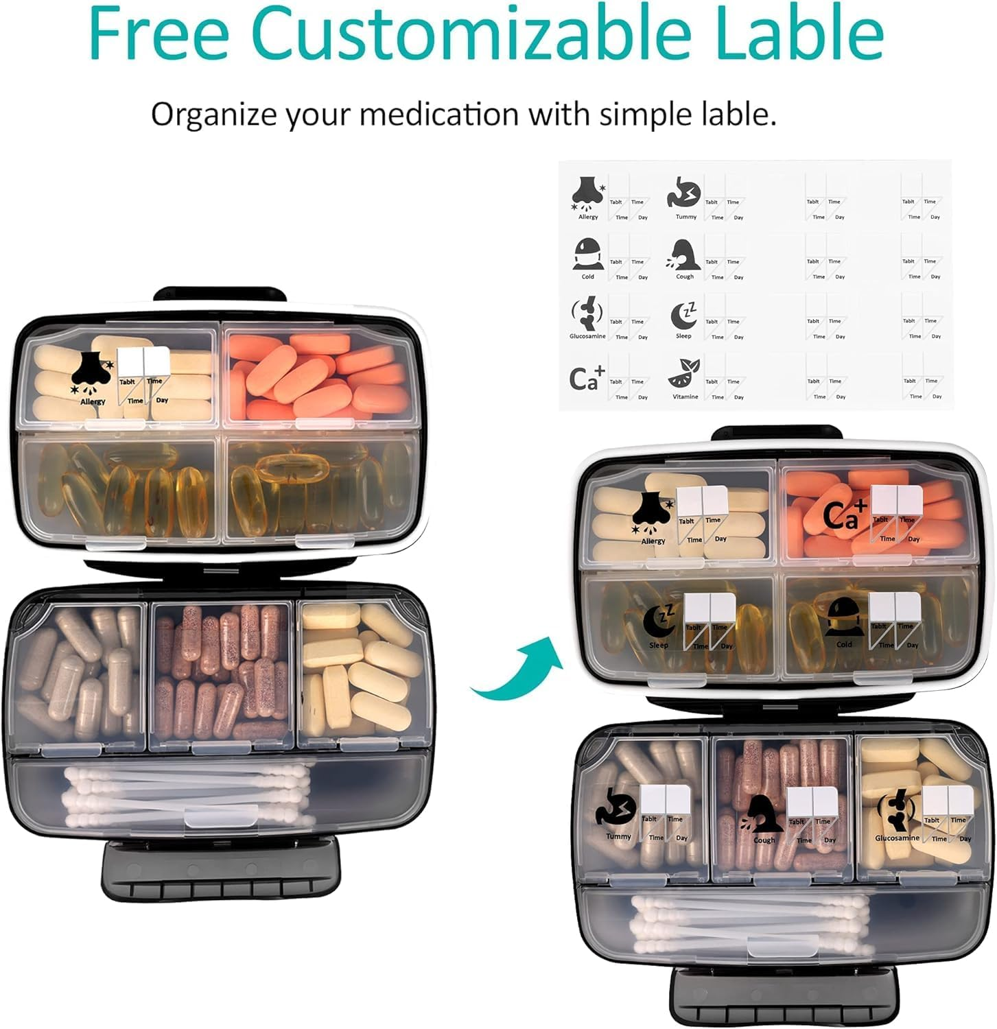Travel Pill Organizer Large Portable Medication Organizer, Fullicon Oversize 8 Compartment Pill Box, Vitamin Travel Case Pill Holder - Airtight & Moistureproof (Black) - Grey image number 7