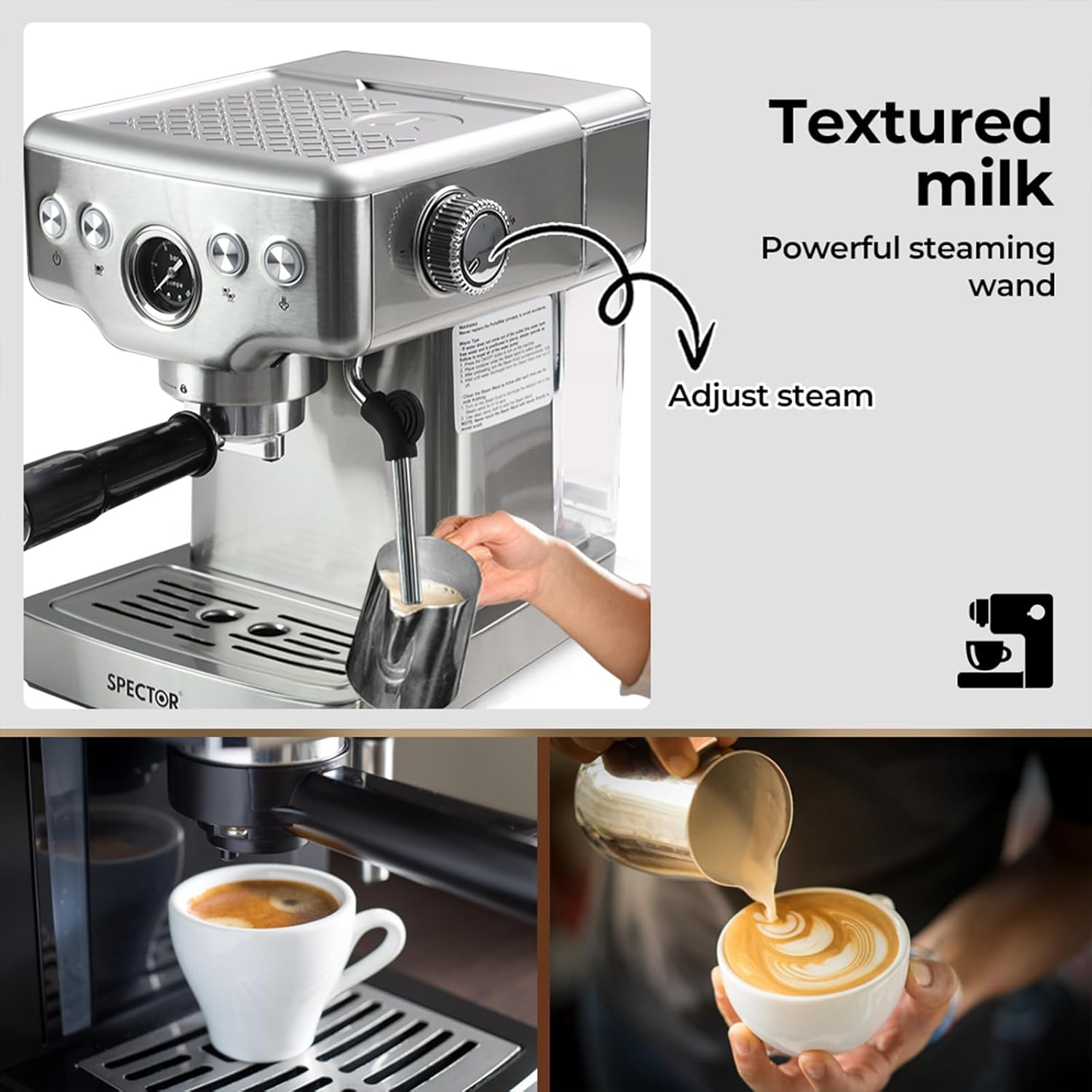 Spector Coffee Machine Espresso Latte Cappuccino Capsule Drip Coffee Maker Bean Grinder, LCD Pre - Soaking Feature - Steam Milk Frother 20 Bar Stainless Steel(21Cm X 26.5Cm X 29Cm, Silver) image number 6