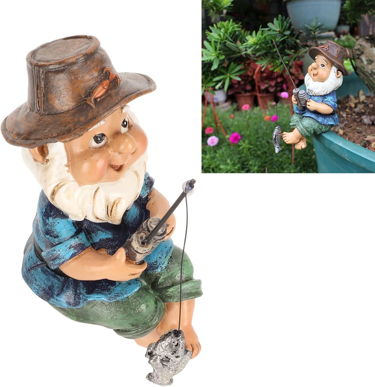 Fishing Gnome Sitter Resin Statue, Handcrafted Outdoor Garden Decoration, Lawn Ornament Garden Sculptures with Rich Colors for Patio image number 2