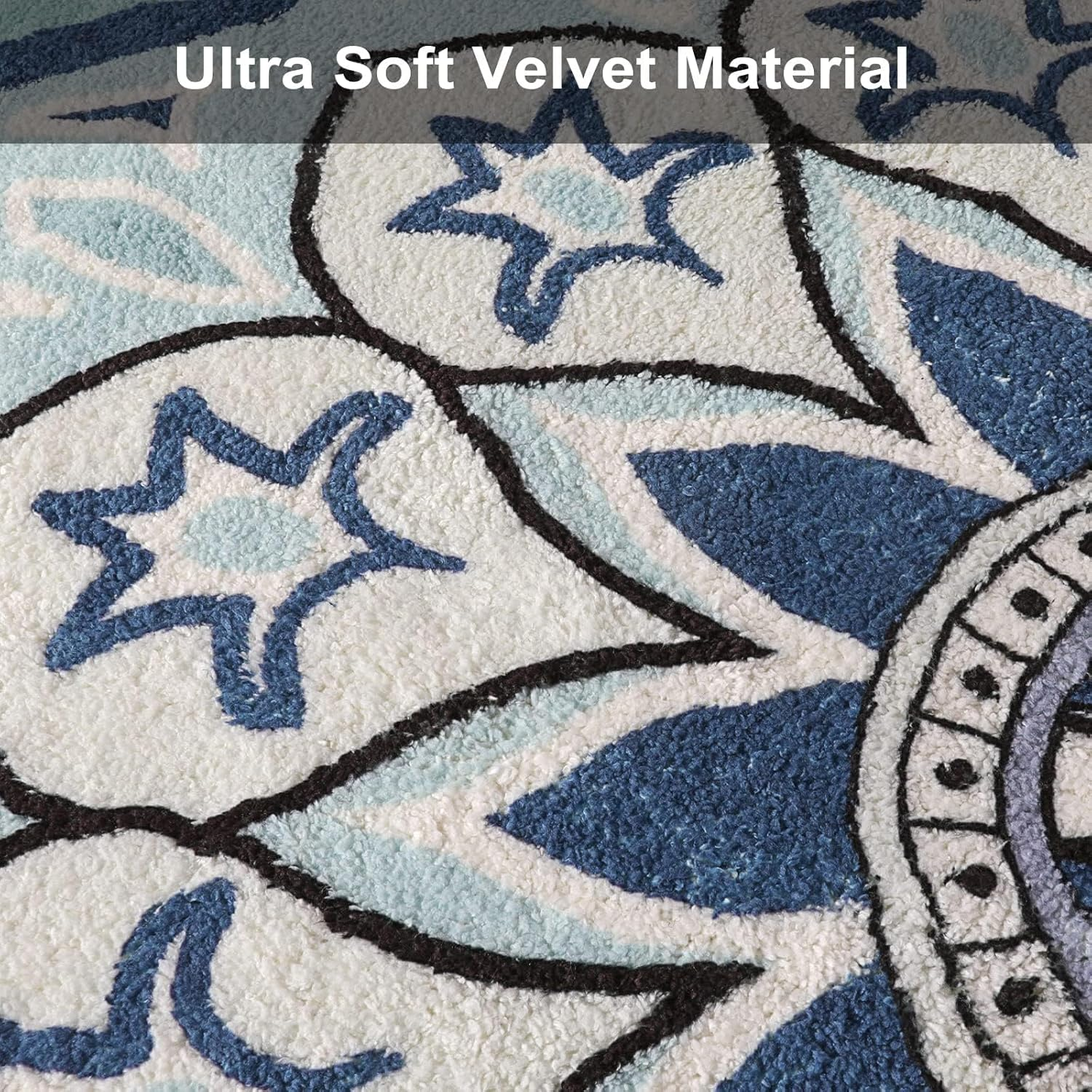 Uphome round Rug 5.3Ft Blue Circle Boho Rug with Pom Pom Fringe Machine Washable Non-Slip Sofa Floor Mat Soft Cute Blooming Mandala Carpet for Living Room Bedroom Kid'S Room Nursery image number 4