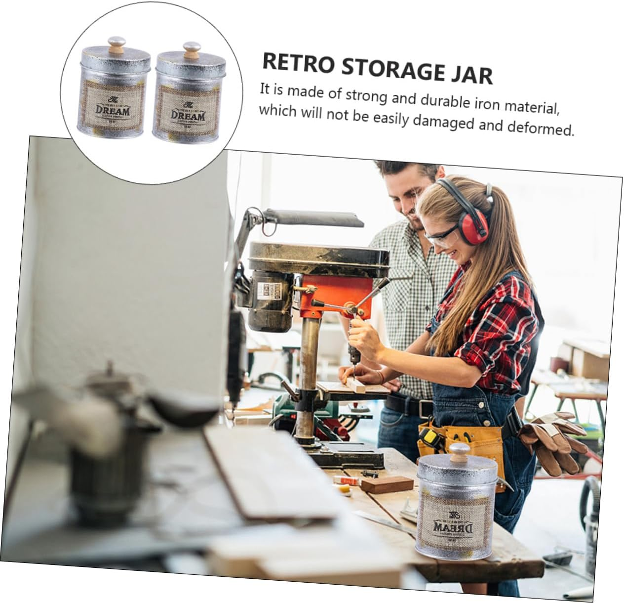 KICHOUSE 2Pcs Antique Iron Storage Jar for Kitchen Tableware Retro Storage Can Lid for Desktop Organization and Home Decor image number 1