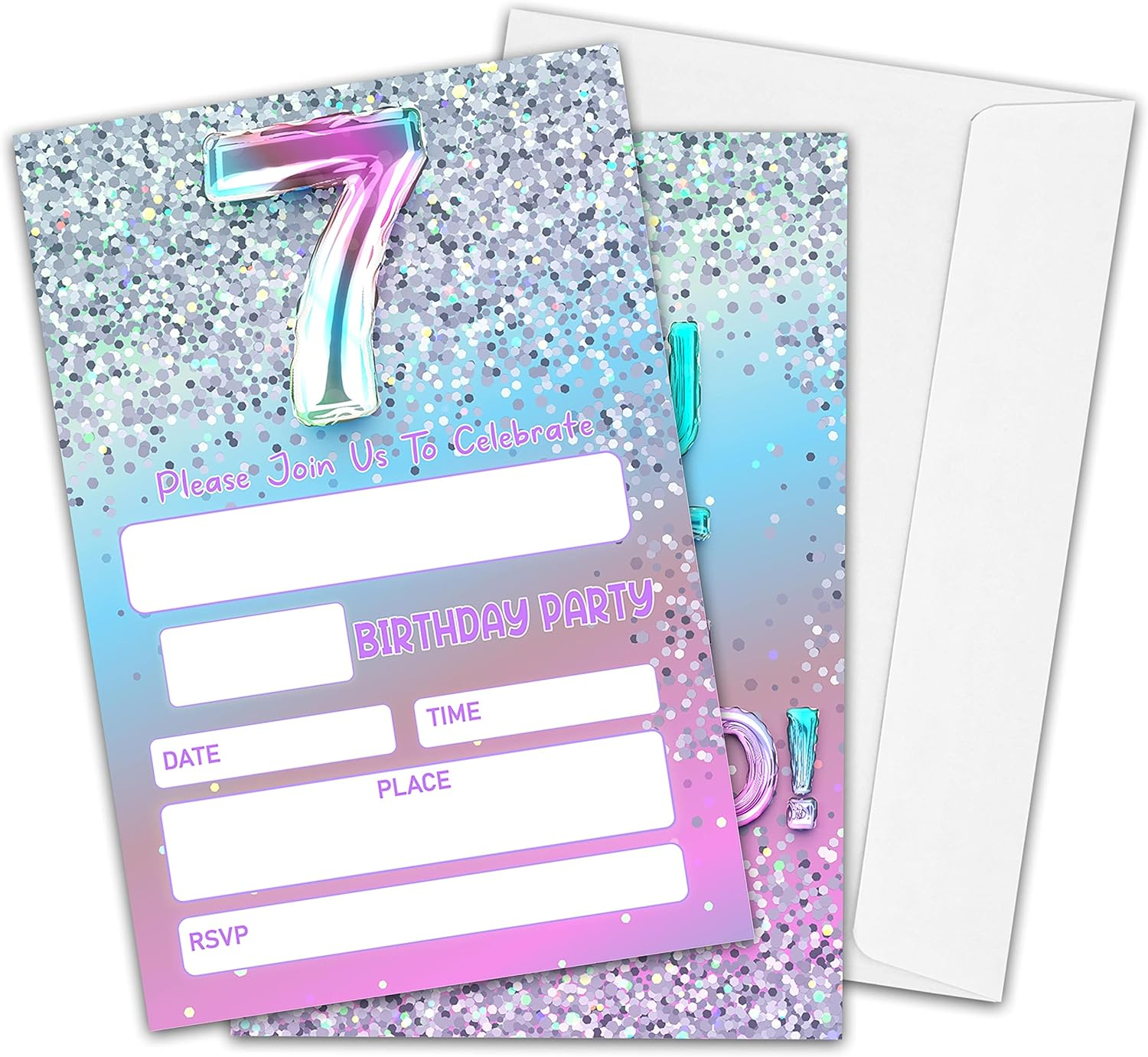5Th Birthday Party Invitations for Girls or Boys, Silver Glitter Theme Birthday Parties Supplies Decorations, Rainbow Balloons Fill-In Invites(20 Invitations and Envelopes)-D01 image number 4