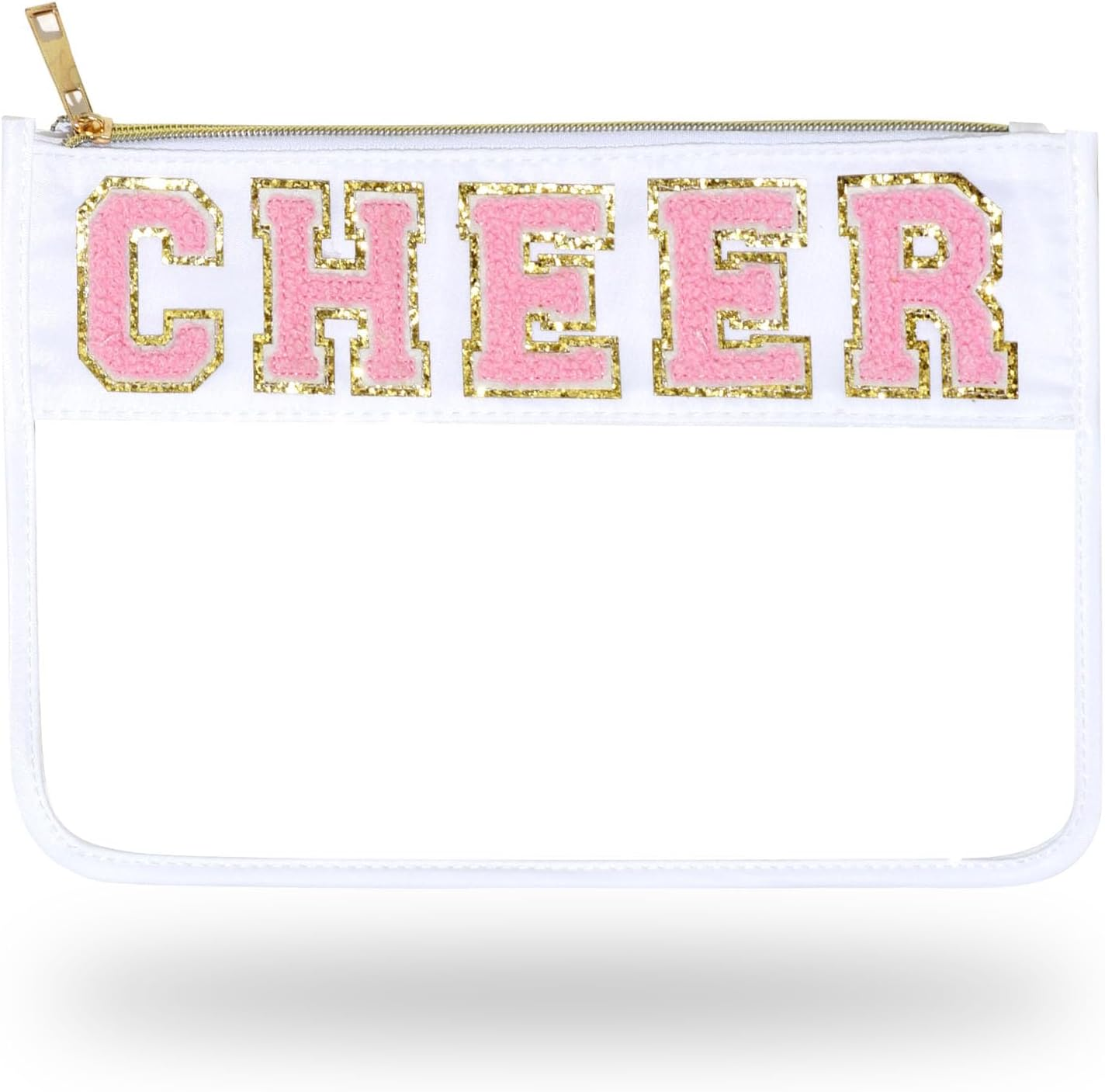 1 Pcs Cheer Gifts Chenille Letter Cheer Bags Patch Makeup Bag Flat Clear Pouch Cheerleading Gifts for Girls Cheer Teams, Beige, Cheer Bag image number 3