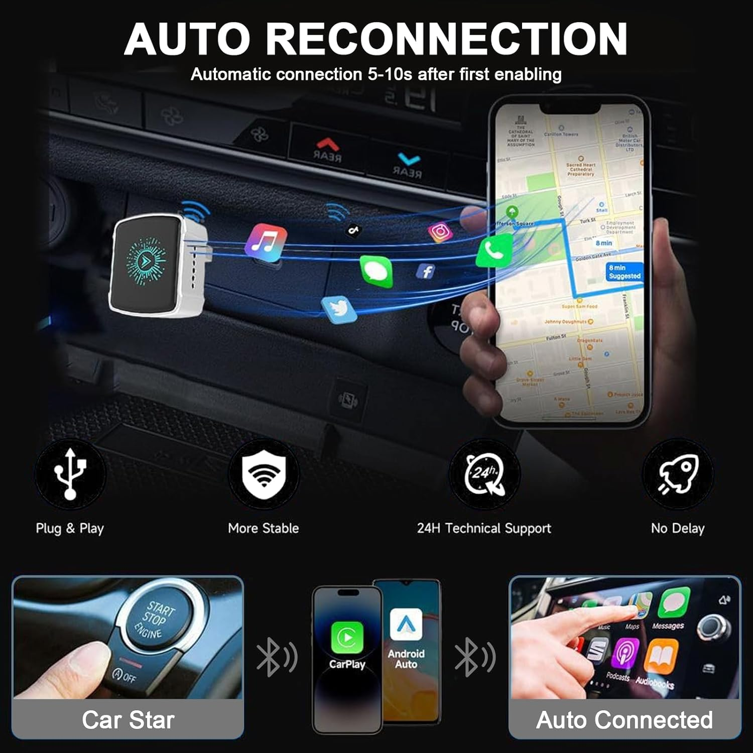 Wireless Carplay Adapter 2025 Upgrade Wired to Wireless,Mini USB Design for Cars with Colorful Ambient Lights &Built-In Wired Apple Carplay,Plug&Play Dongle for Iphone Ios 10+/ Android 11+/ Cars 2016+