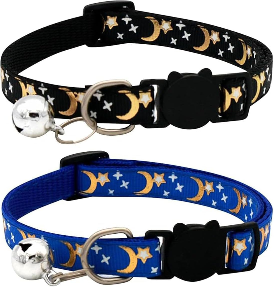 EOMECUIGAO Breakaway Cat Collar with Bells 2PCS Adjustable Moon and Star Kitten Safety Collars (Black &Blue) image number 3
