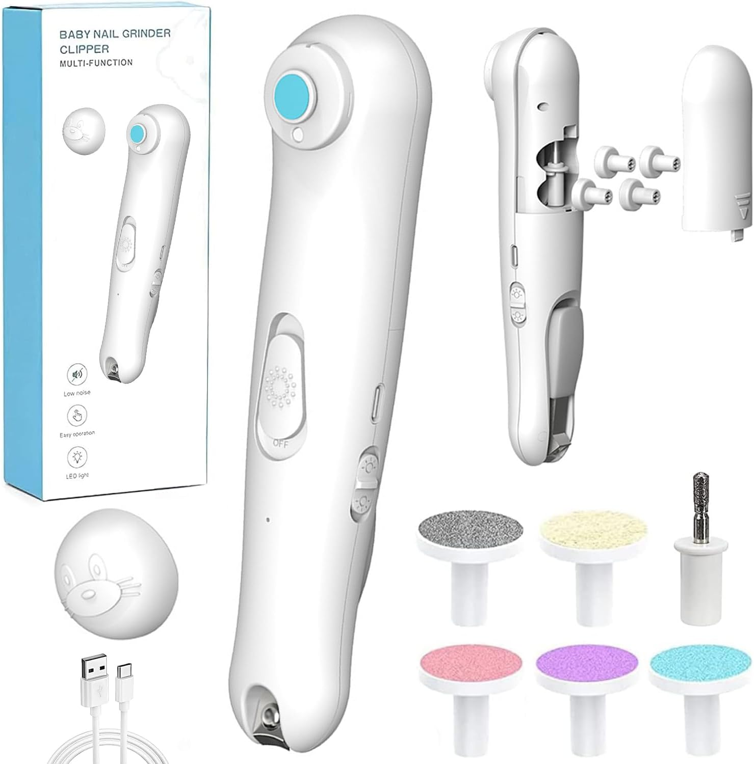 Baby Nail File Electric Nail Trimmer, 2 In1 Rechargeable Baby Nail Clipper Baby Nail File Set with LED Light & 6 Grinding Heads, Care Trim Polish Toes and Fingernail Grooming Manicure Kit for Newborn, Toddler, Kids, Infant (White - 2)