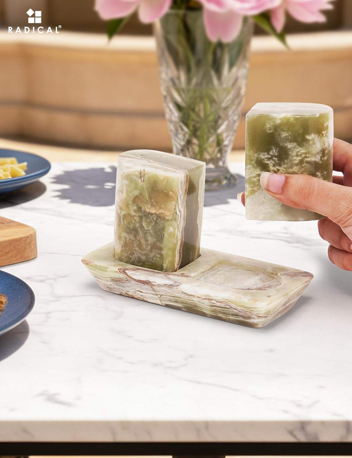 Radicaln Marble Salt & Pepper Shakers Set &ndash; 2.5" Green Modern Kitchen Essentials for Cooking and Dining, Stone Spice Holder & Saleros for Black Pepper, Pink Salt - Oceanic image number 3