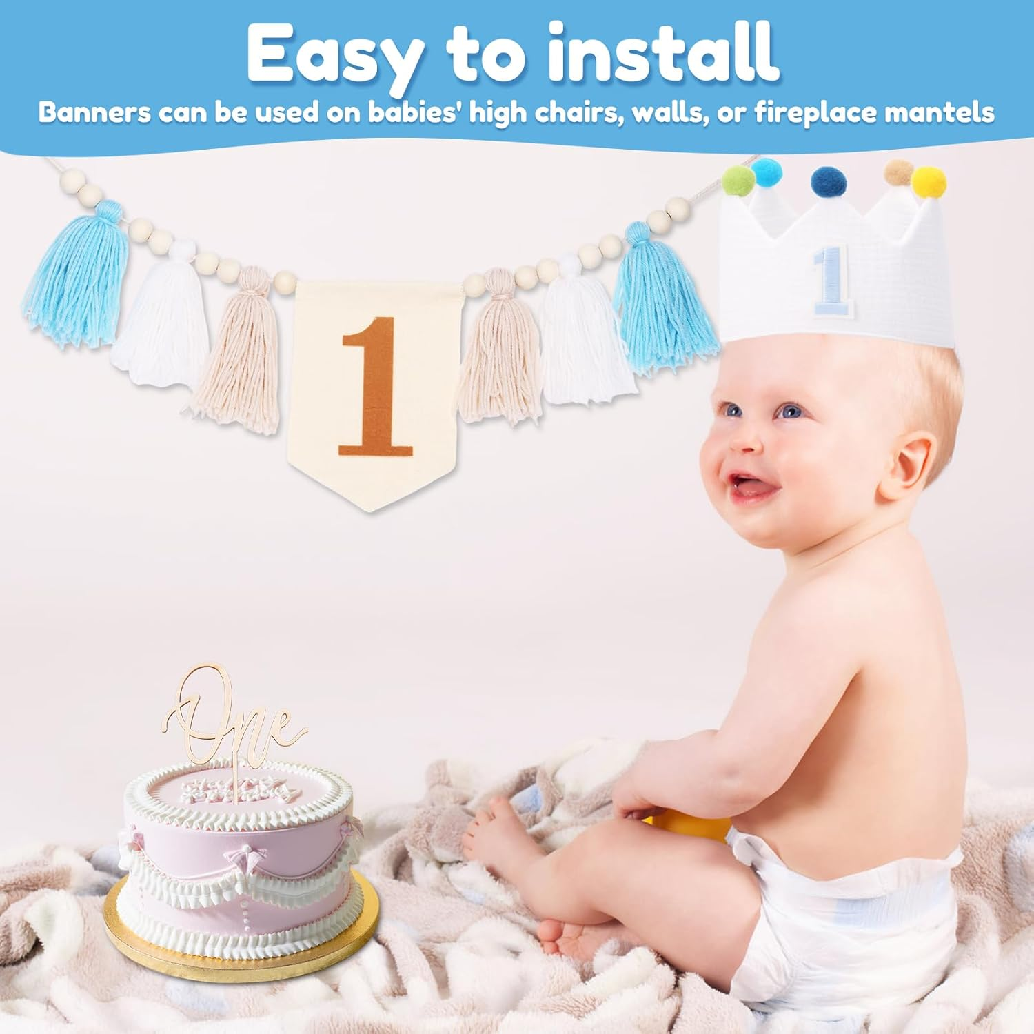 DJAPWPX 3 Pcs Baby First Birthday Party Decorations, Includes High Chair Banner Crown Hat and Cake Topper, Unique 1St Birthday Decorations for Baby Girls and Boys (Blue) - Blue+Pink image number 7