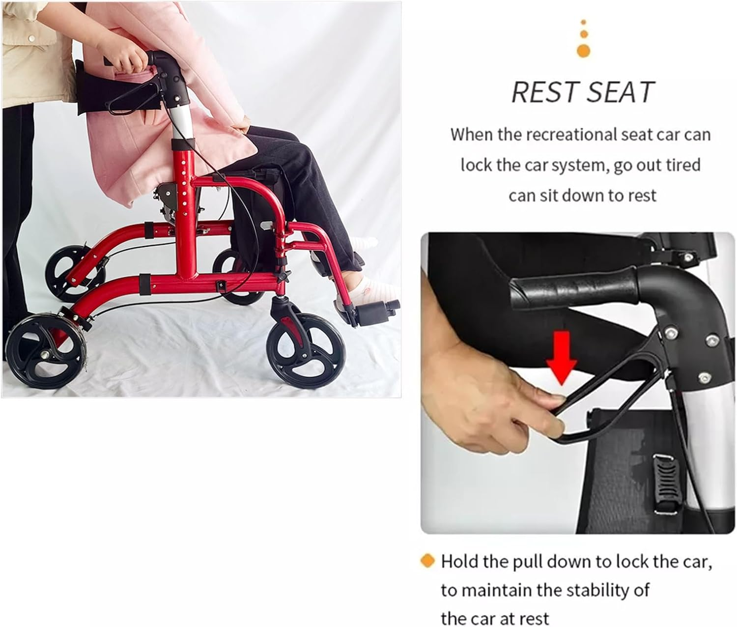 Lightweight Wheelchair & Mobility Walker &ndash; 2-In-1 Foldable Rollator with Seat, Brakes, 8" Wheels & Detachable Bag (Red) image number 5