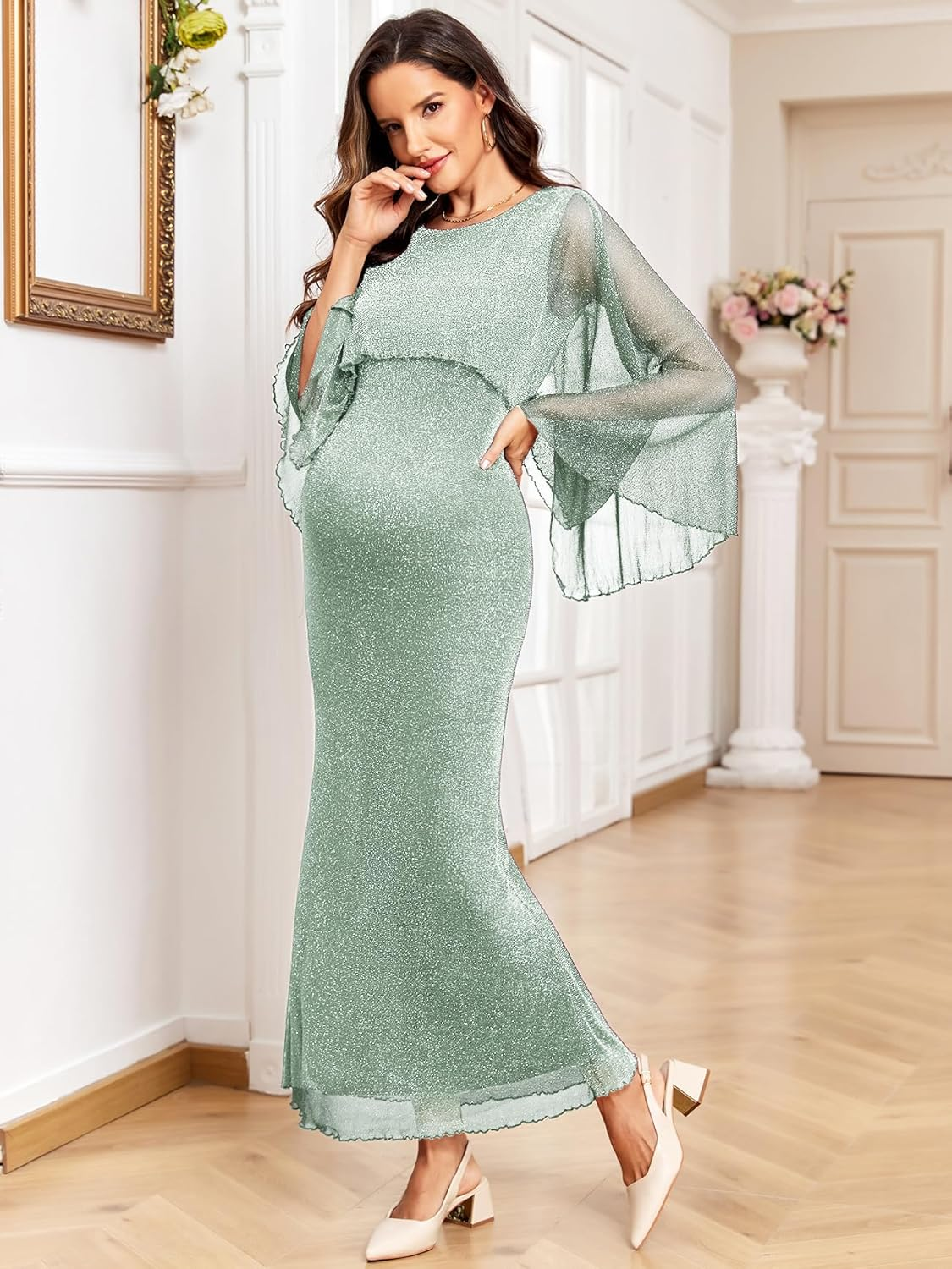 Maternity Sparkly Cape Mesh Dress Maxi Mermaid Bodycon Pregnancy Dresses Wedding Guest Baby Shower Formal Dress image number 2