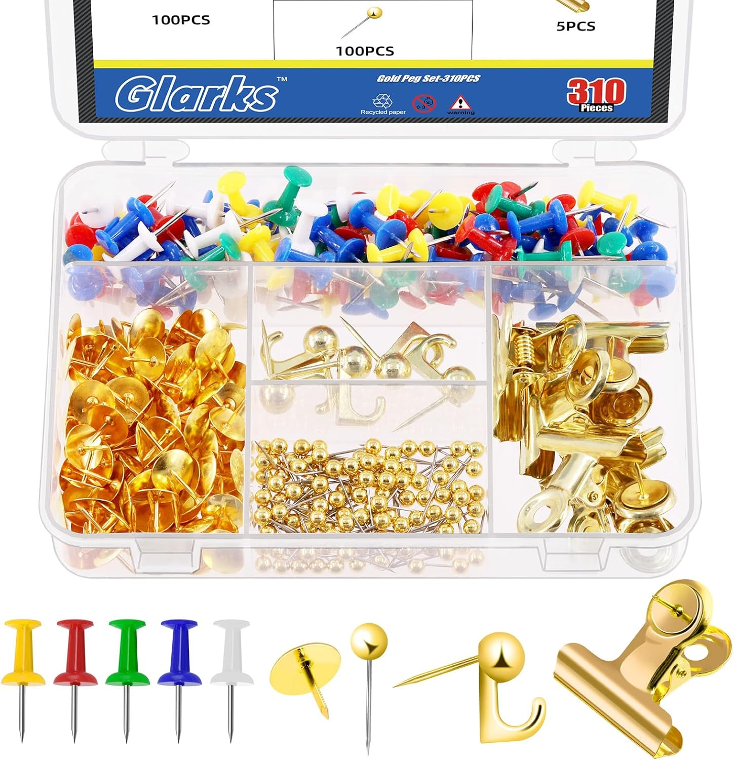 Glarks 310Pcs 5 Styles Rose Gold Push Pins Set, Thumb Tacks Decorative Push Pins for Bulletin Board Decorations, Artworks, Photos, Craft Projects