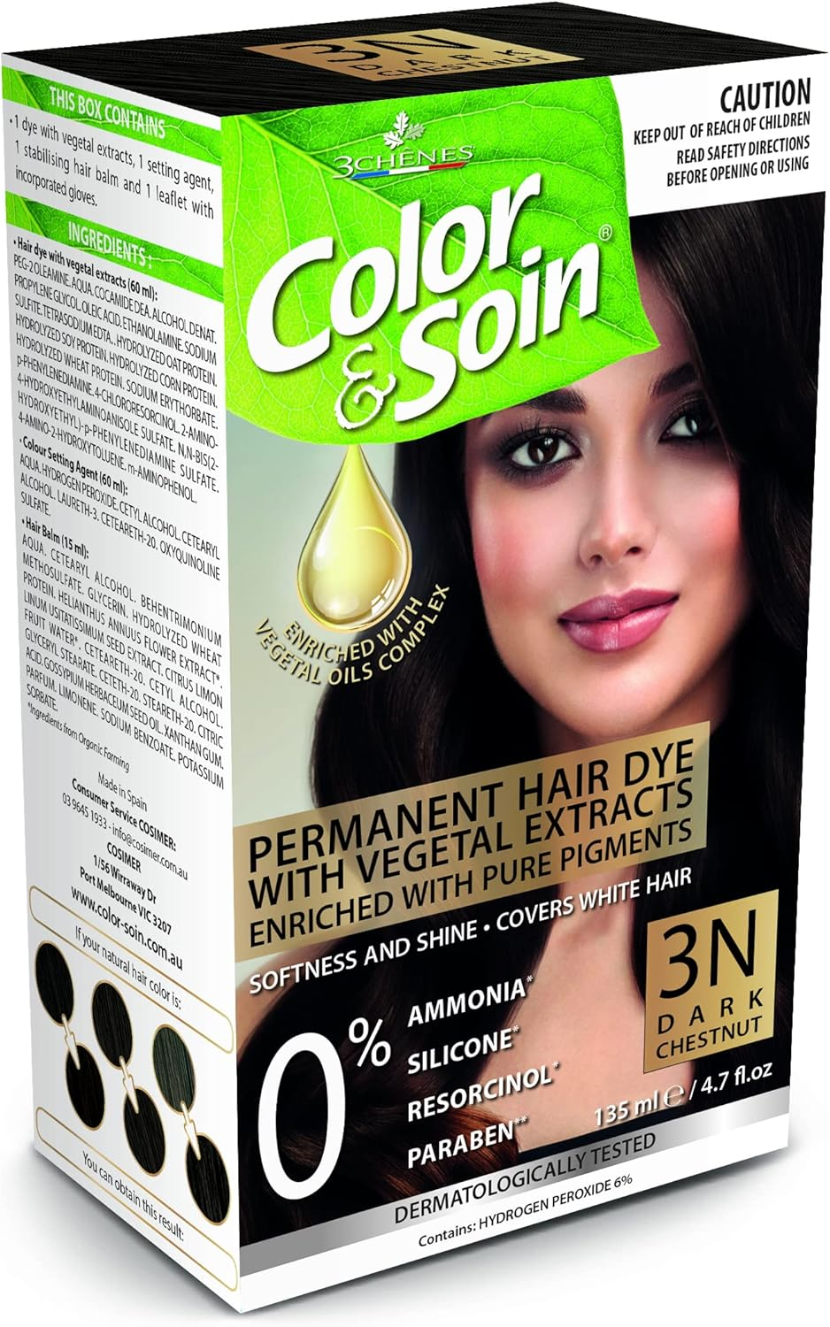 Color & Soin Permanent Hair Dye, 3N Dark Chestnut