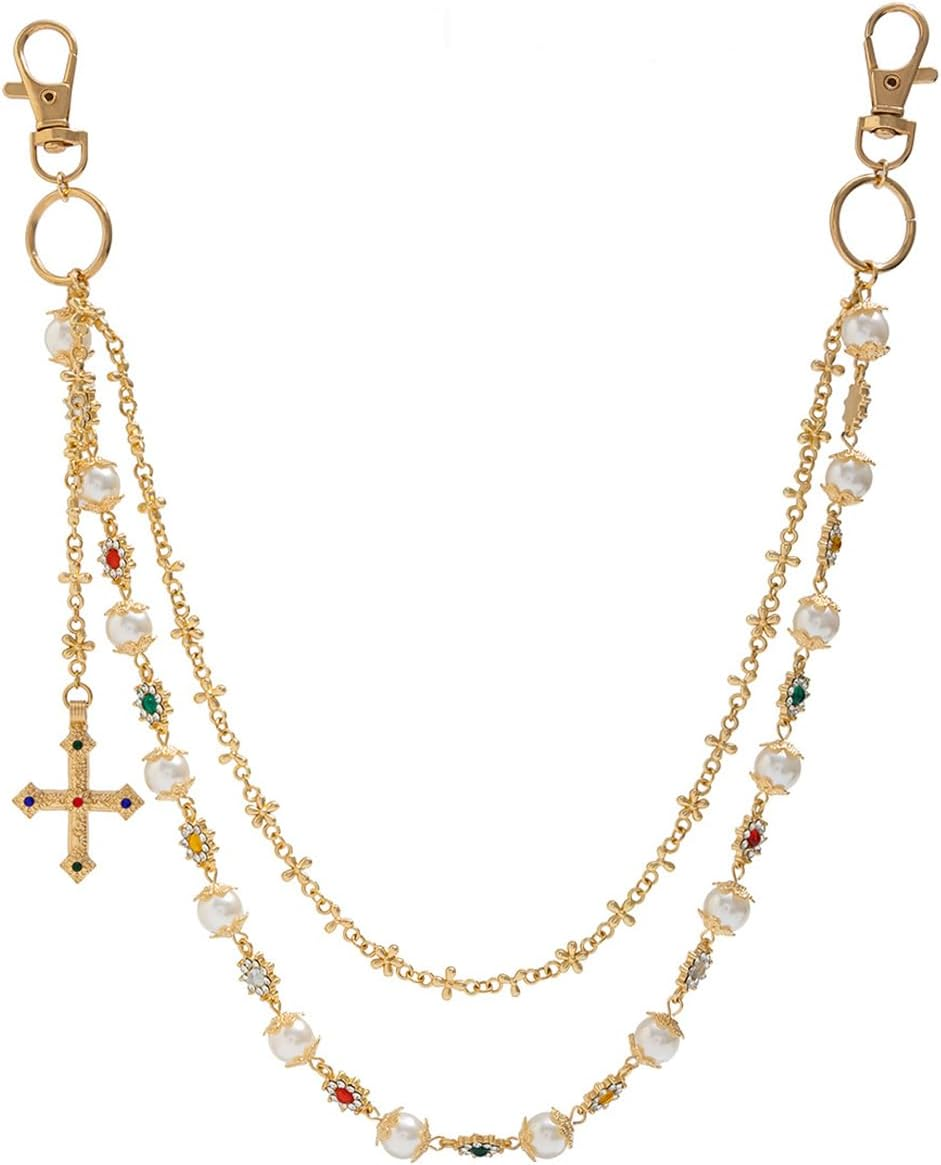 Layered Cross Pants Wallet Chains for Women Exquisite Gold Silver Crystal Pearl Jean Pocket Chain Bag Purse Charms Punk Jewelry for Women Men