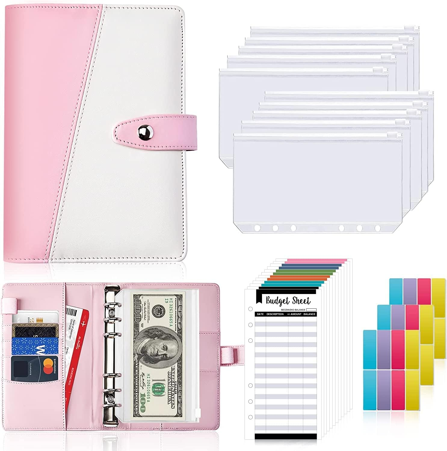 Budget Binder - A6 Size with Zipper Envelopes, 12Pcs Budget Planner and Cash Envelopes (Pink-White) image number 1