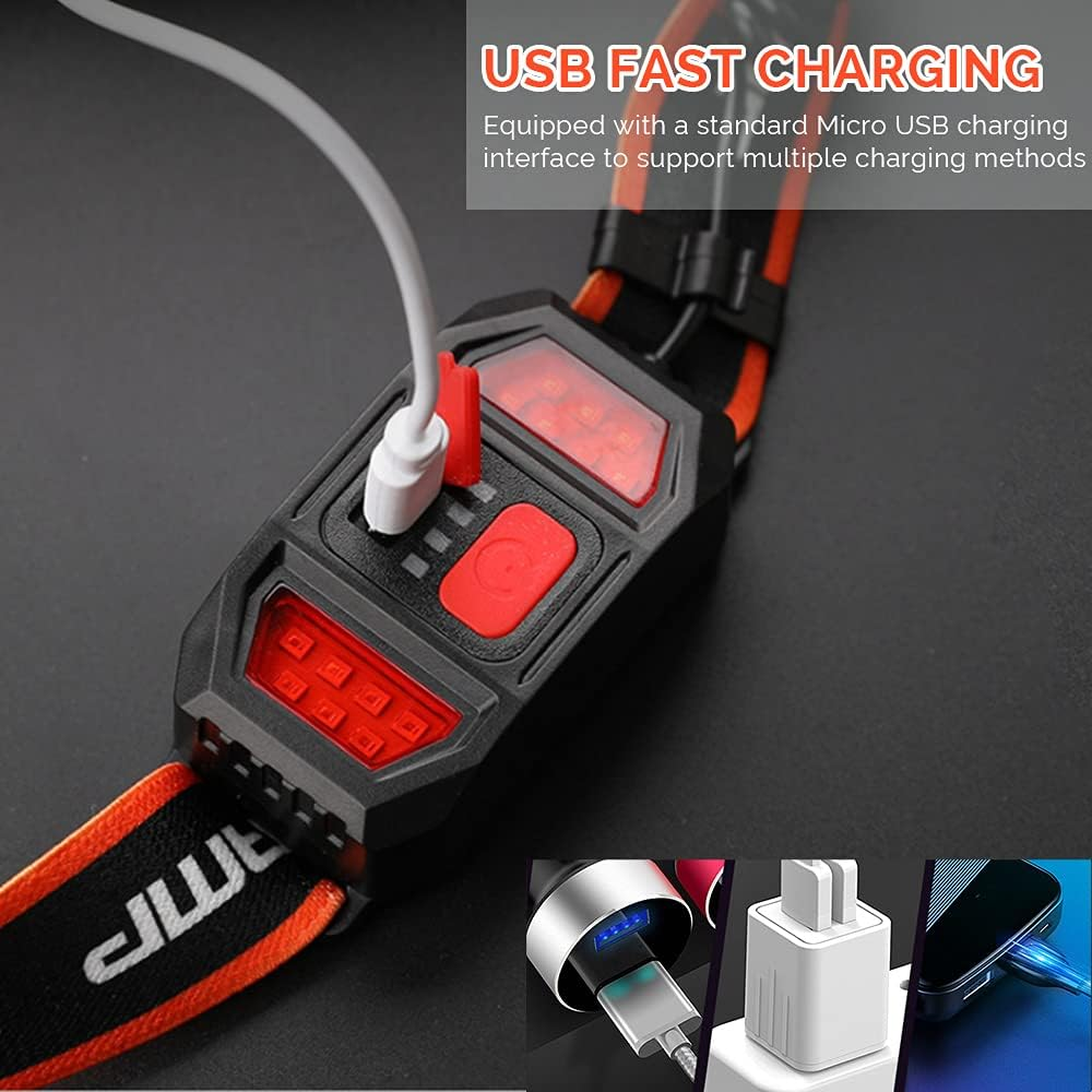 LETOUR LED Headlamp Rechargeable, 1200Lumen Lightweight LED Head Flashlight, 210&deg; Wide Beam Headlight, 3 Modes Waterproof Head Torch with Red Rear Lights for Camping, Running, Jogging, Fishing ﻿