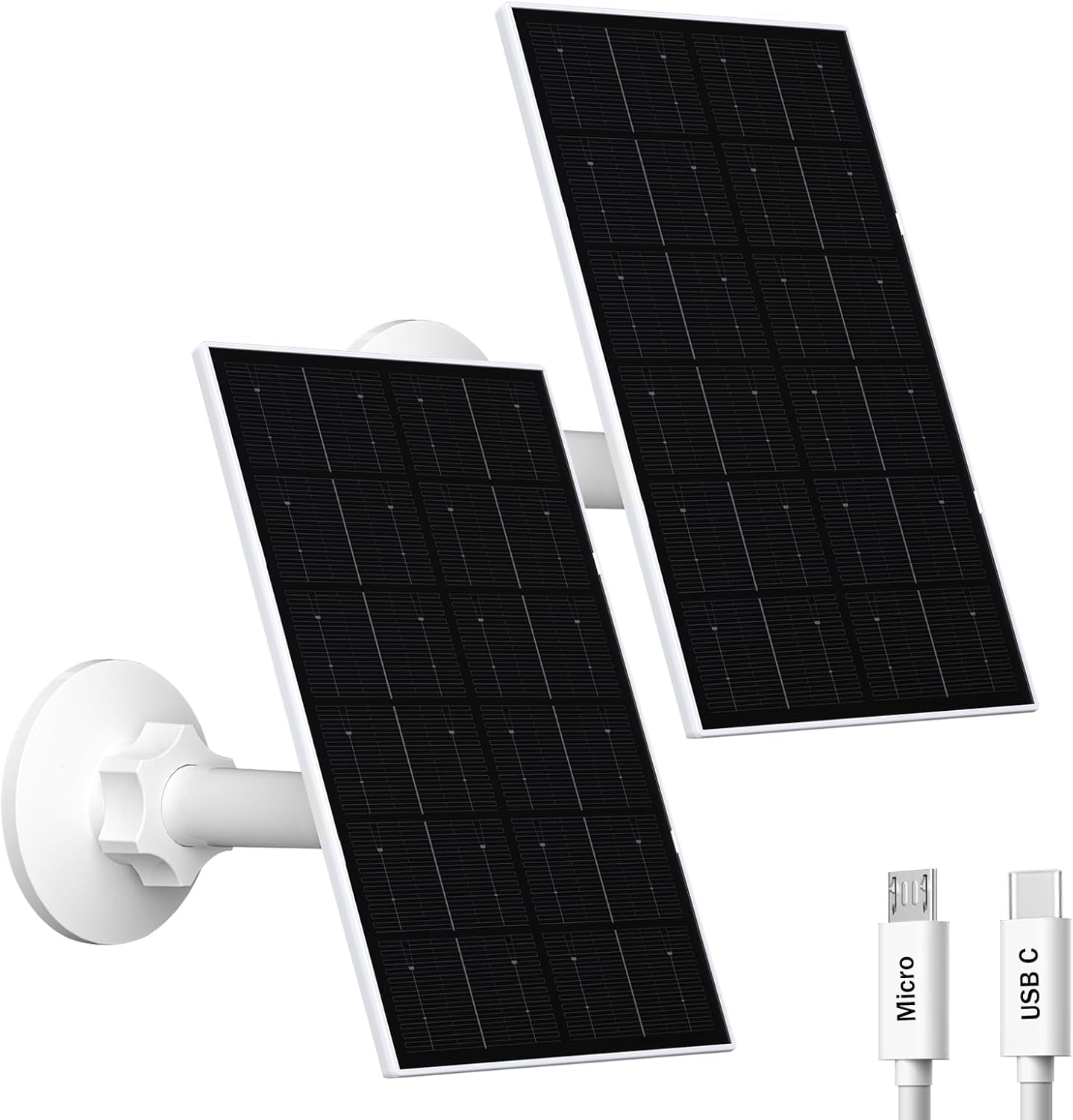 VUEBEE 2W Solar Panel for Security Camera Outdoor, USB/USB-C Charger with IP65 Waterproof, 360&deg; Adjustable Mount & 7.2Ft Cable, Compatible with Rechargeable Battery Cameras (2 Pack, White)