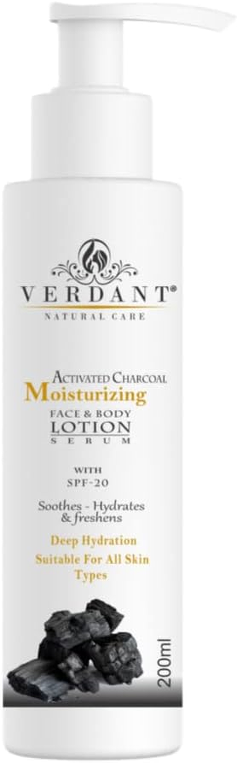 Verdant Natural Care Activated Charcoal Body Lotion | Deep Hydration & Moisturizing Face & Body Serum Lotion with SPF 20 &ndash; No Parabens, Mineral Oils &ndash; 200 Ml image number 1