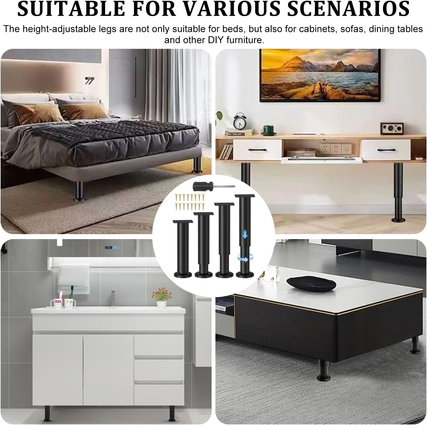 4Pcs Adjustable Height Bed Support Legs, Retractable 18-30CM Furniture Support Leg, Metal Heavy Duty Furniture Replacement Legs with Screws and Screwdriver, for Sofa, Bed, Closet Etc. image number 4