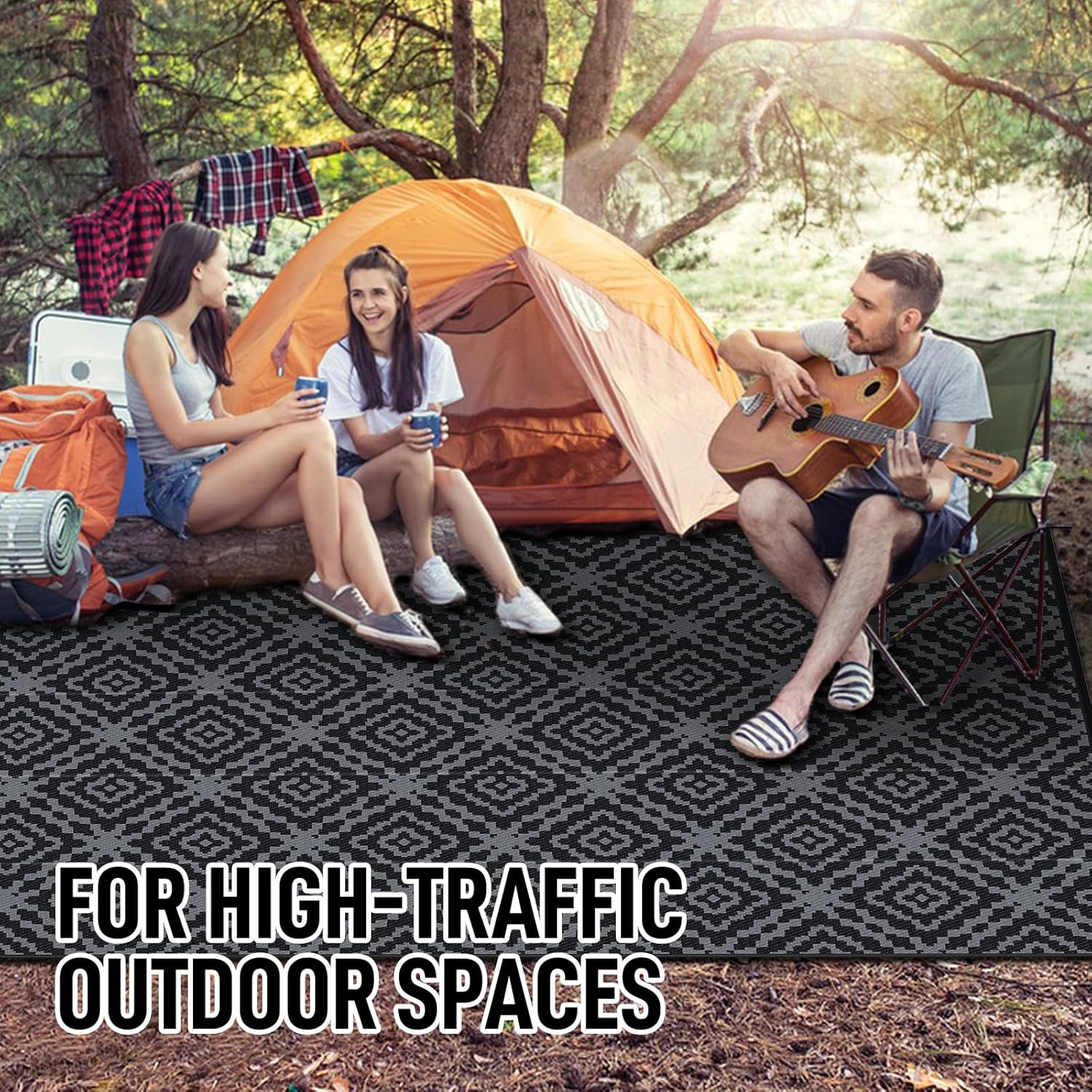 Outdoor Camping Rug Waterproof 9X12Ft, Large Reversible Stain&Uv Resistant Plastic Straw RV Rug for outside Patio Pool Deck Beach Indoor, Area Carpet Mat with Portable Bag&4 Stakes-Black Grey Rhombus image number 6