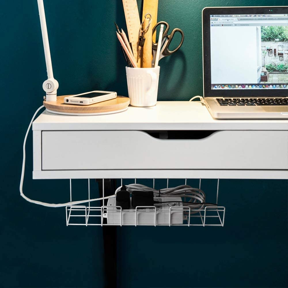 2 Packs Cable Tray, 40Cm under Desk Organizer for Wire Management, Metal Holder for Desktop Computer Home Office Kitchen Workstation to Cover and Hide Power Strips (White)