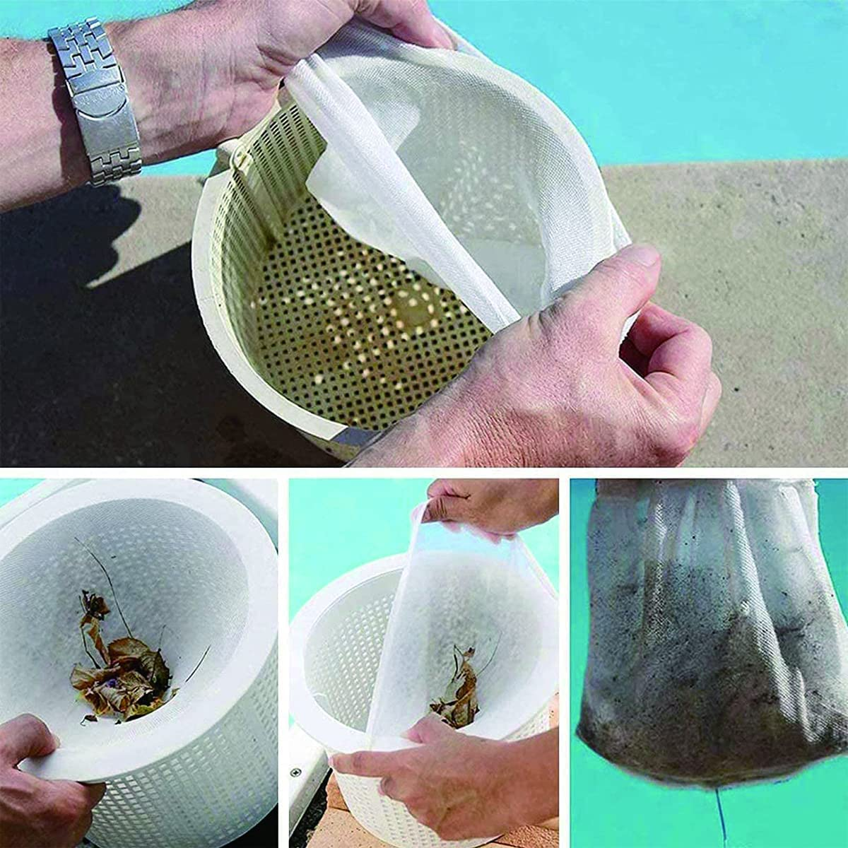 Pool Skimmer Socks, 20 Packs Swimming Pool Skimmer Socks Baskets Skimmers Net Filter Storage Bag, Ultra Fine Mesh Screen Liner for Filters Baskets and Skimmers for Cleans Debris and Leaves image number 6