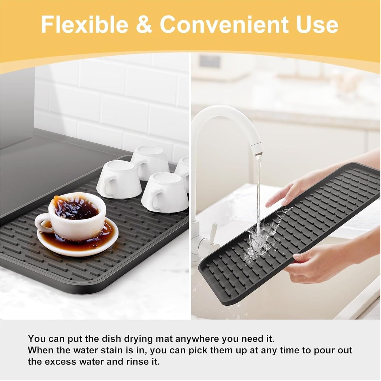 Silicone Coffee Mat with Detachable Dish Drying Mat for Kitchen Countertops, Coffee Bar, Accessories Fit under Coffee Maker Machine Coffee Pot Espresso Machine Dish Rack (Black, A) image number 6