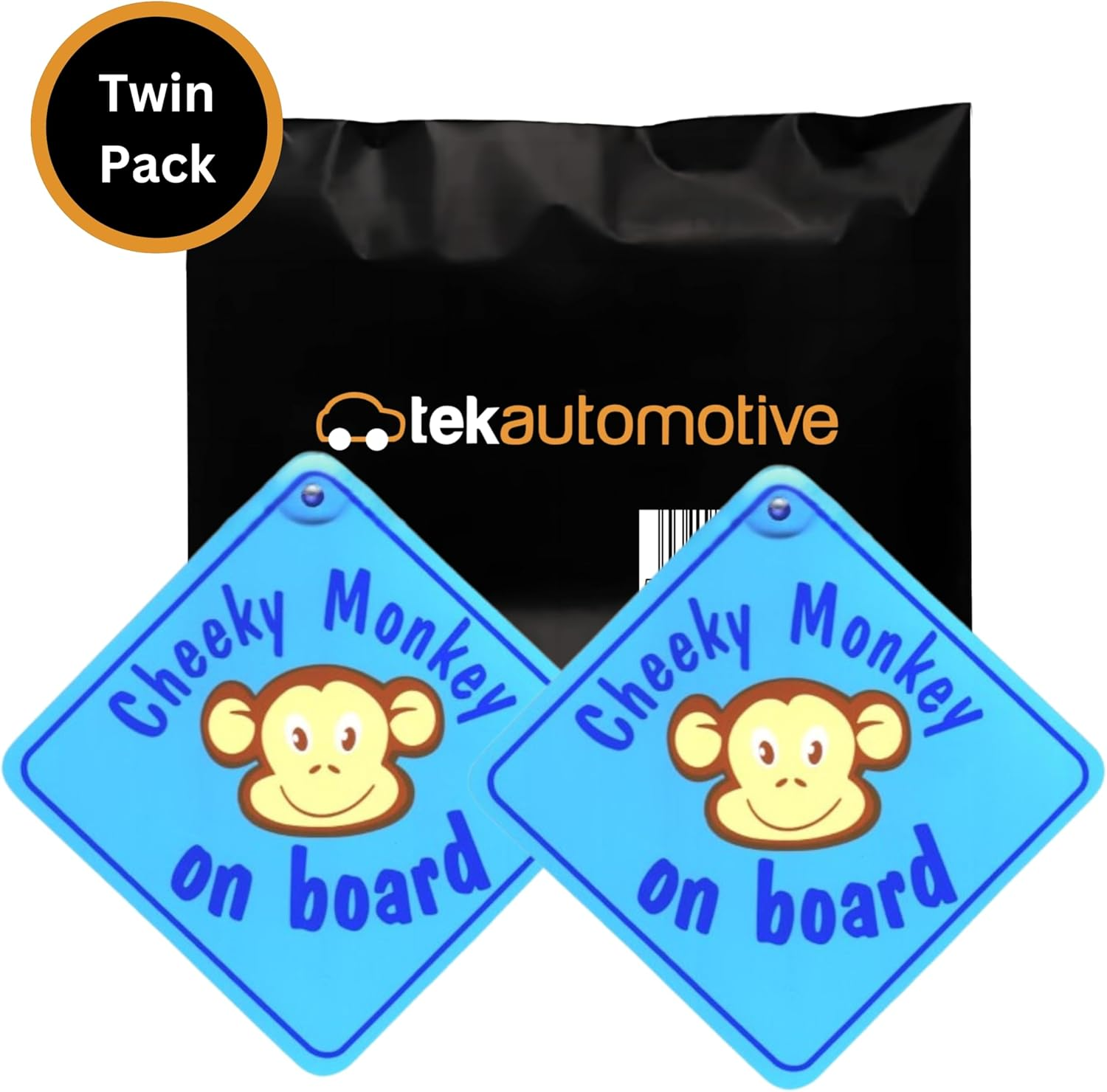 Blue Cheeky Monkey on Board Car Sign | Twin Pack | Baby on Board Sign for Car | 5.5" X 5.5" with Suction Cup | Baby Car Sticker | Fun Baby on Board Badge for Kids Safety