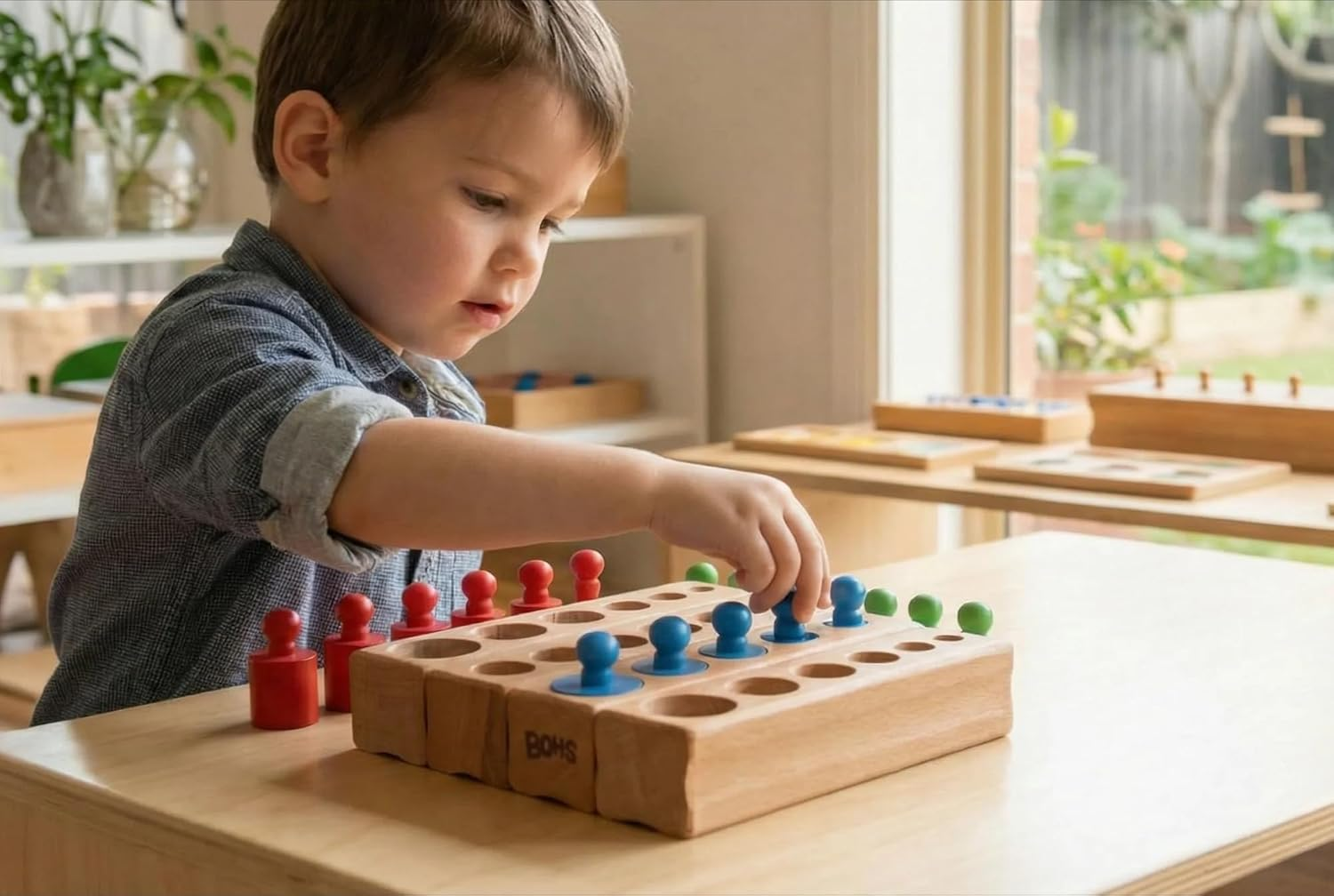 BOHS Montessori Knobbed Cylinders Blocks - 6 Pegs / 6.7 Inches - Colorful Wooden Early Home School Toys - 4Pcs Set image number 6